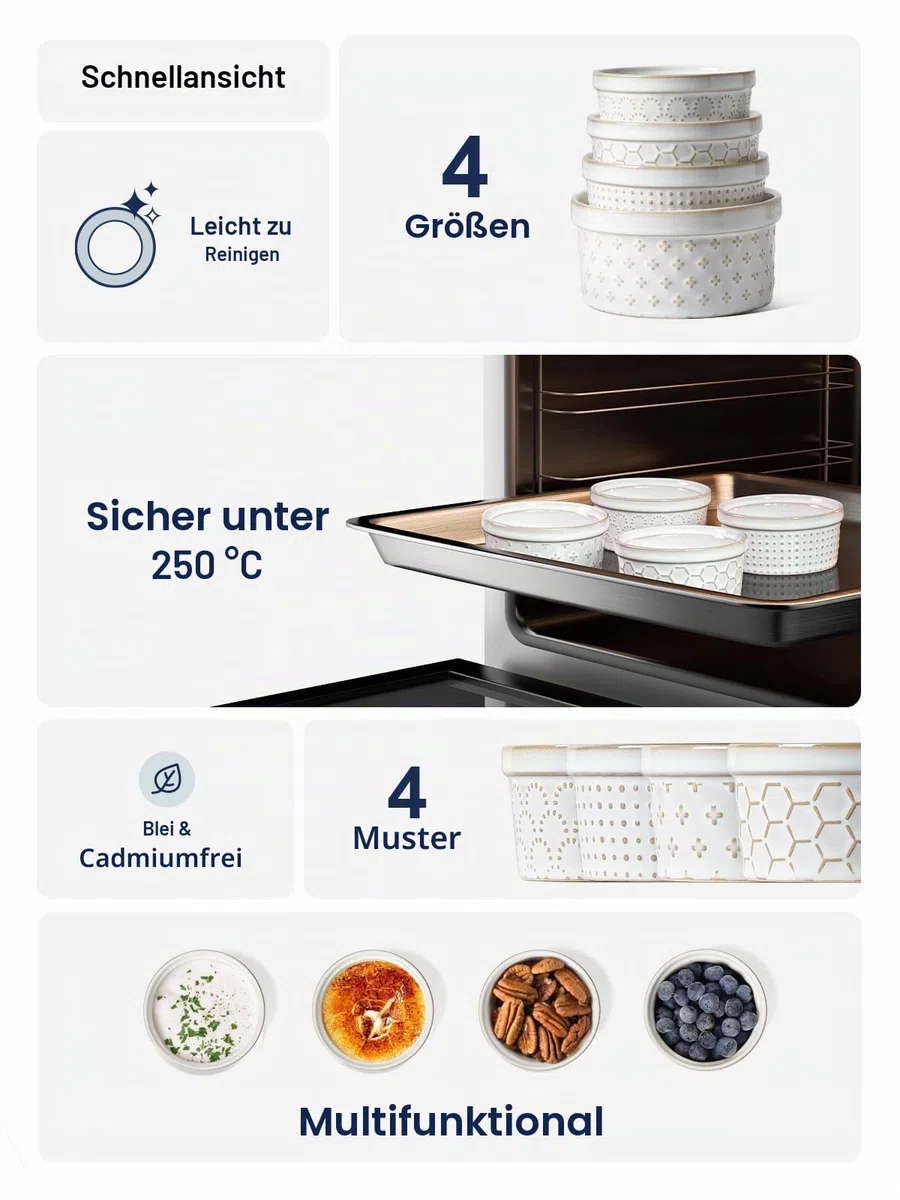 LE TAUCI Creme Brulee Schälchen Set 113 ml x 4, Souffle Förmchen, Ofenfest, Auflaufförmchen für Lavakuchen, Pudding, Topfkuchen - 9,7 cm, Arktisweiß