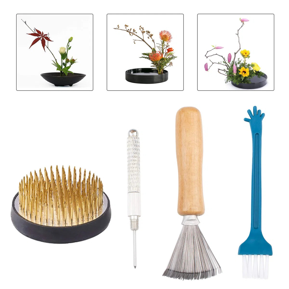 WANDIC Ikebana Blumen-Frosch-Set, 4-teilig, runder Blumenhalter & Nadel-Glättungswerkzeug & Reinigungsbürsten für Blumenarrangement Kunst