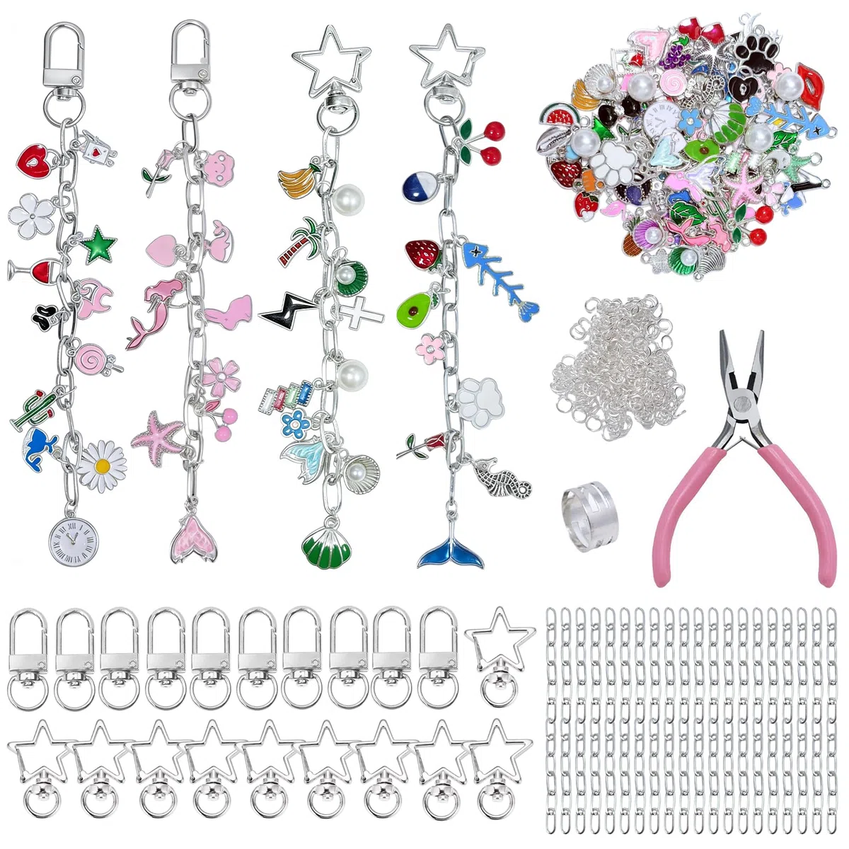 352 Stück DIY Schlüsselanhänger Selber Machen, Metall Charms Anhänger Set, Schlüsselringen Basteln Verlängerungsketten Schlüsselanhänger Clips und Zange, Keychain Diy für Taschenanhänger,Silber