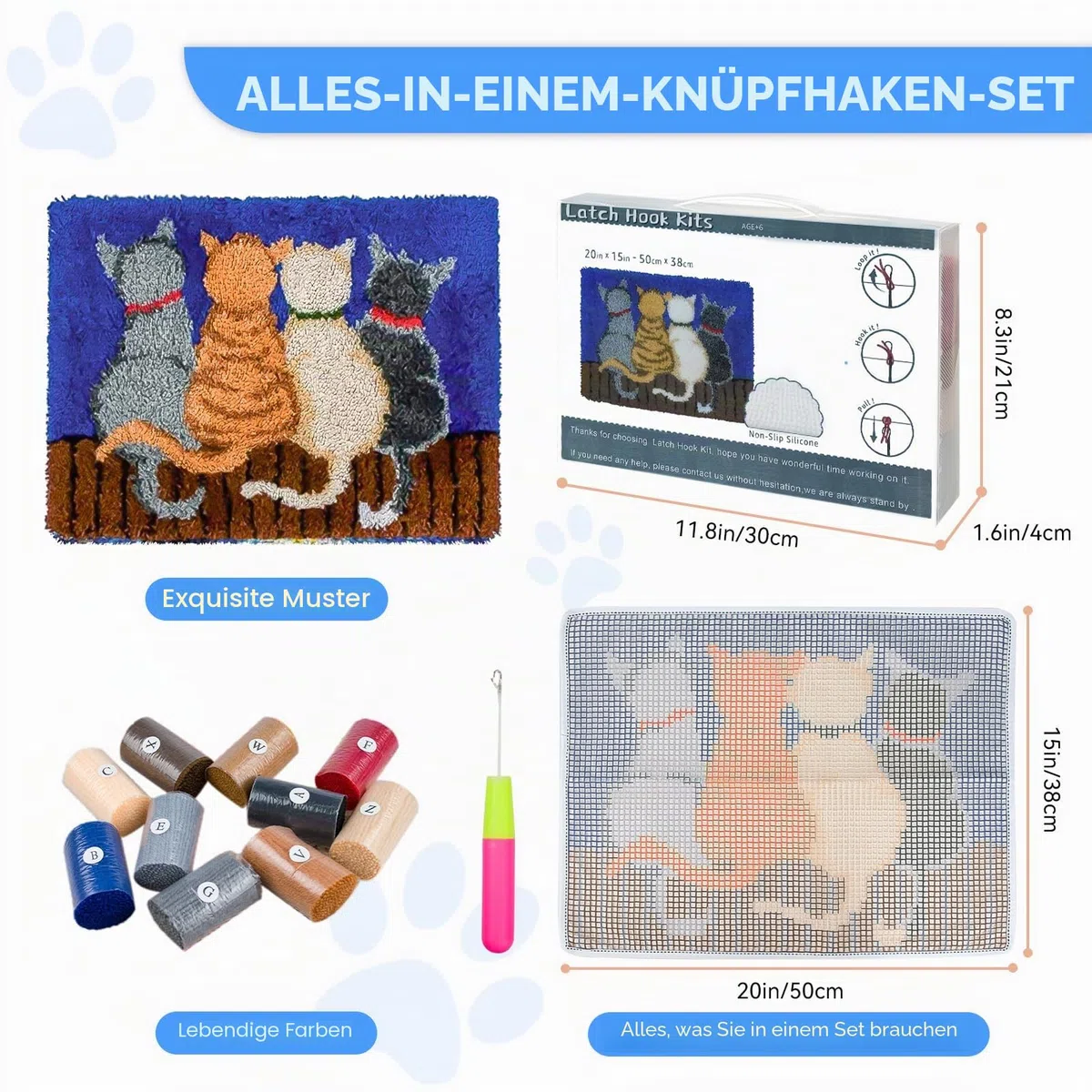 EsLuker.ly Katze Knüpfteppich für Kinder und Erwachsene zum Selber Knüpfen, DIY Knüpfsets Kreuzstich Teppich Set mit Werkzeug Latch Hook Kit Child Rug Animal, 50x38cm