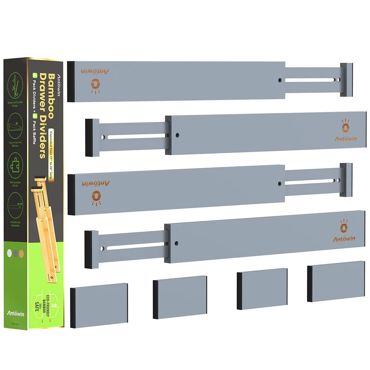 ANTOWIN Schubladentrenner Verstellbar Bambus (43-56 cm), Schubladen Organizer, Gefedert, Küche, Kommode, Badezimmer, Schlafzimmer, Babyschublade, Schreibtisch Ordnungssystem (grau)