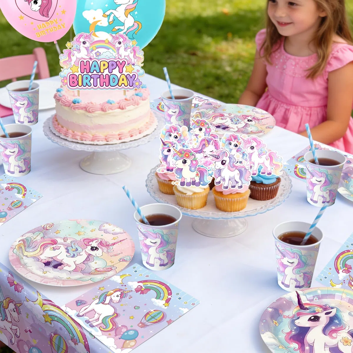Einhorn Deko Kindergeburtstag,10 Gäste Einhorn Geburtstag Partygeschirr Set Pappteller Kindergeburtstag Servietten Partygeschirr für Deko Kindergeburtstag Mädchen