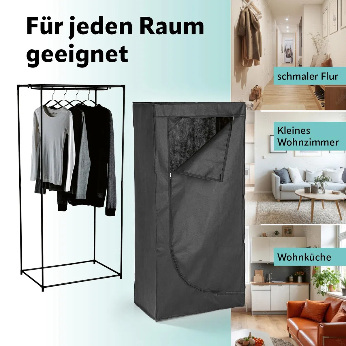 EASYmaxx Kleiderschrank | Faltbarer Stoffschrank mit Reißverschluss & Kleiderstange | Stoffkleiderschrank – ideal als Campingschrank oder mobiler Kleiderschrank zu Hause | Kleiderständer modular