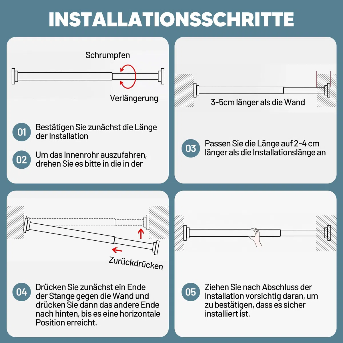 Verstellbare Kleiderstange ohne Bohren, Ausziehbare Kleiderstange für Schrank, Duschvorhangstange Edelstahl Teleskopstange Spannstange für Dusche Balkon Badezimmer Hängestange, 35 bis 50cm