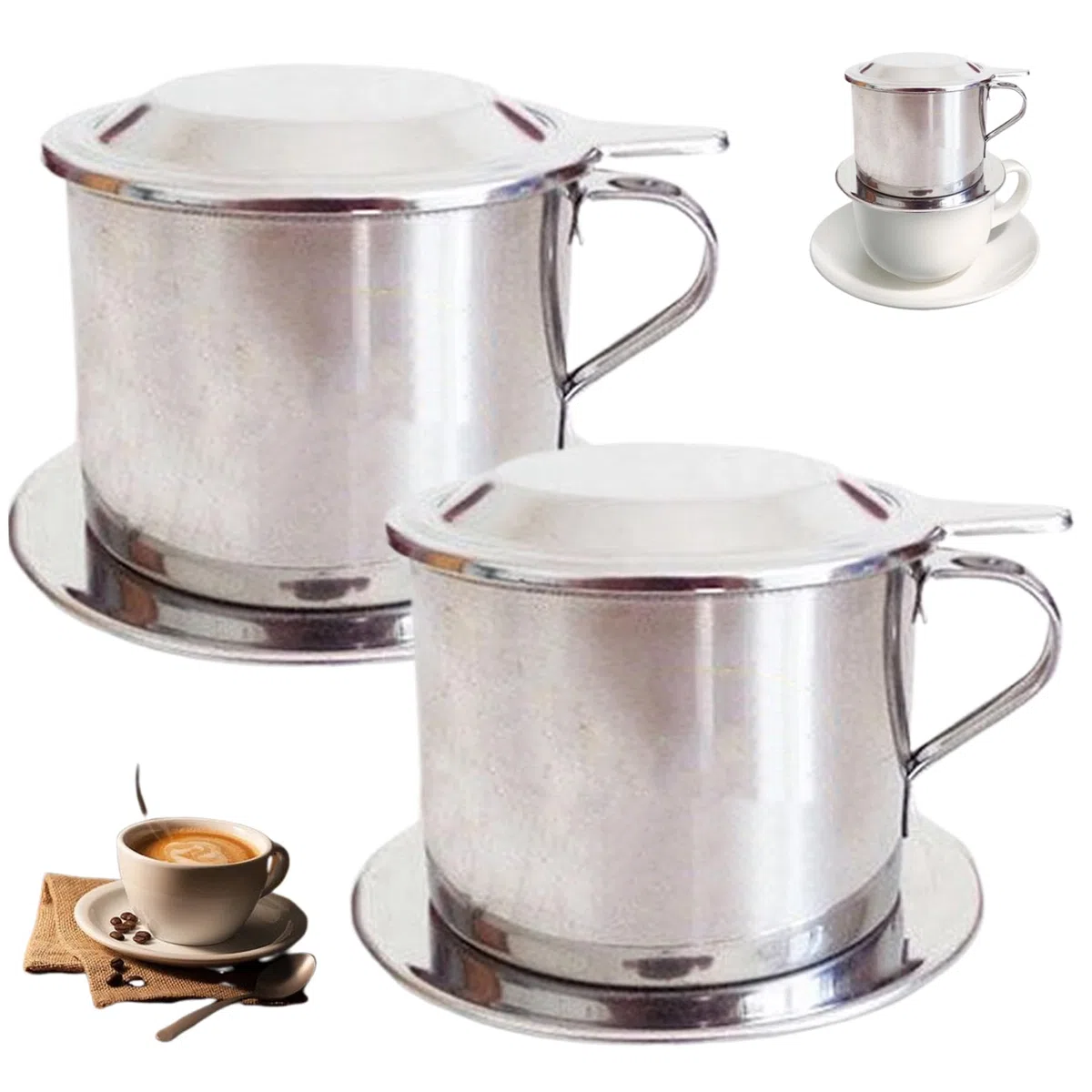 Vietnamesischer Kaffee -Tropfer, 2 Sets Edelstahl -Kaffee -Tropf -Set mit Deckel, Tablett und Filter, langsamer Tropfkaffeemaschine, Vietnamesische Kaffeemaschine für Home Office
