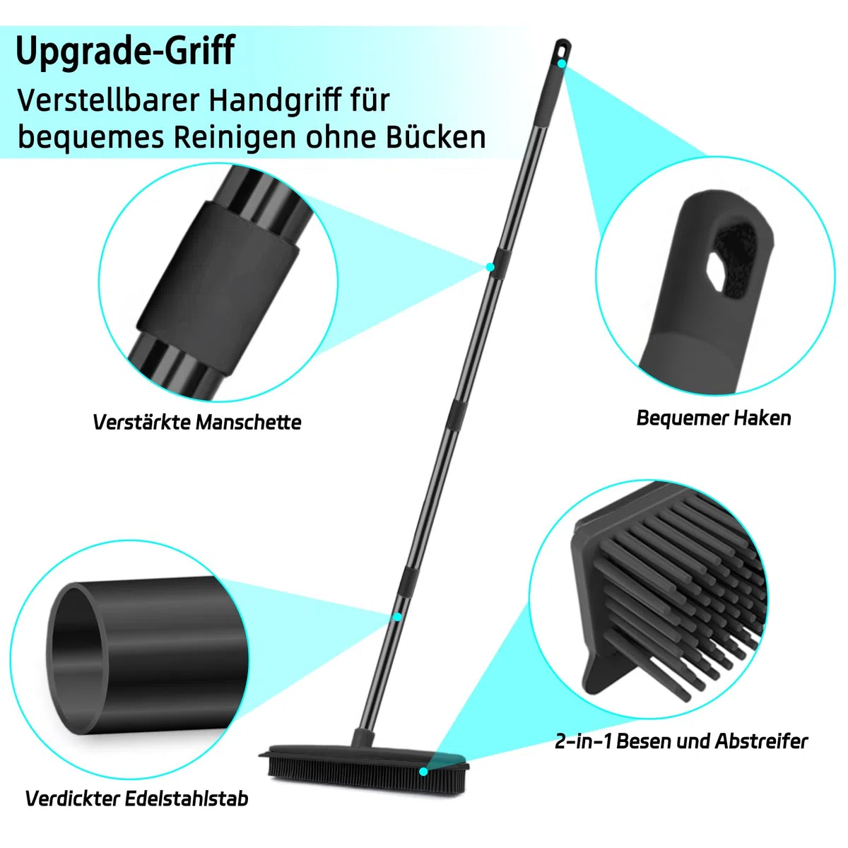 2 in 1 Gummibesen mit Stiel, 156cm Langen Stiel Besen zum Entfernen von Tiere Katzen Hunde Haare Teppichbürste Bodenbürste Kehrbesen für Innen- und Außenbereich Schrubbe (Schwarze Fellentfernung)