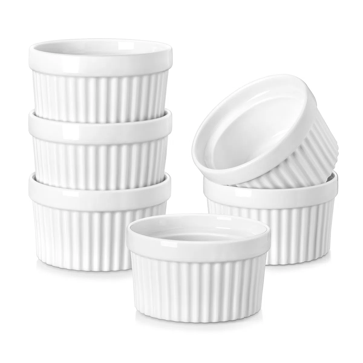 MALACASA, Serie Ramekin, Creme Brulee Schälchen 6er Set, 200ml Souffle Förmchen zum Backen, Souffleeförmchen Backofenfest, Ofenfeste Creme Brulee Schalen, Mini Auflaufform 9,4x5,1cm Weiß