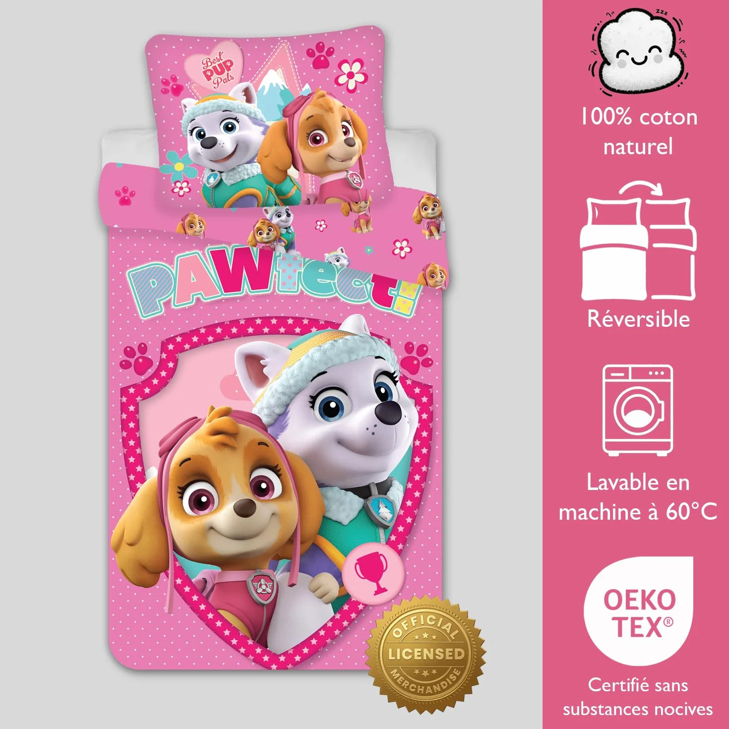 Baby Bettwäsche Set 2tlg. Paw Patrol 100% Baumwolle 100x135 cm, 40x60 cm, Skye und Everest | Wendbare Baby-Bettwäsche | Naturbaumwolle weich atmungsaktiv | Nickelodeon | Mädchen 0-3 | Kinderbett | Maschinenwaschbar
