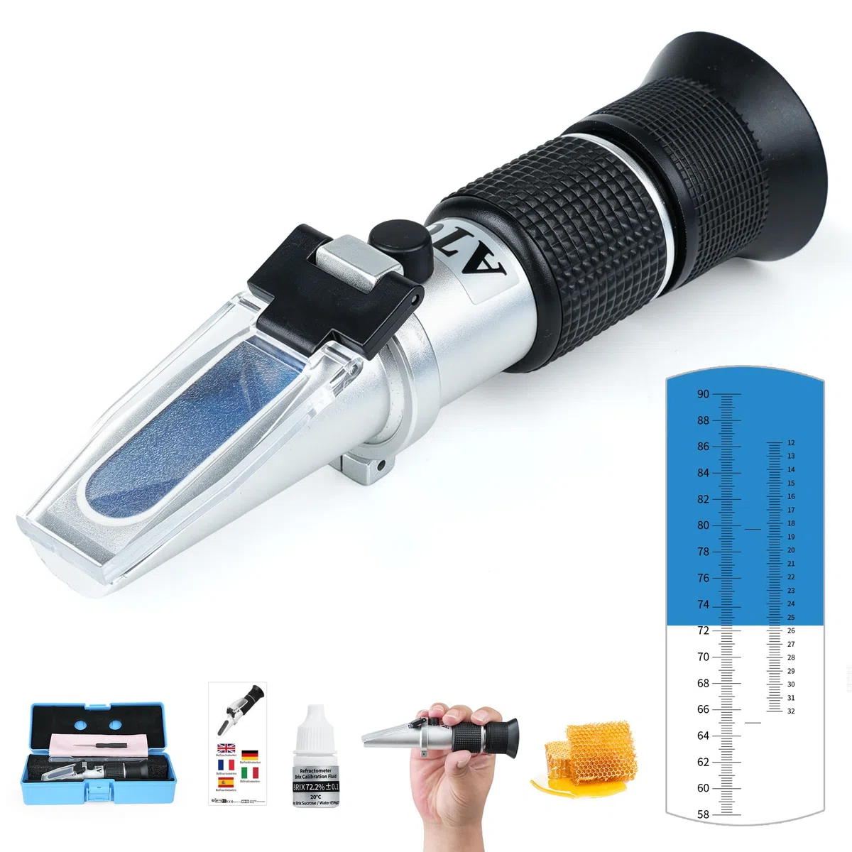 2 in 1 Honig Refraktometer mit ATC Imker Refraktometer Brix 58-90% Wassergehalt im Honig 12-32% Refractometer Honig Handrefraktometer für Honig Zuckersirup Fruchtmarmelade Melasse