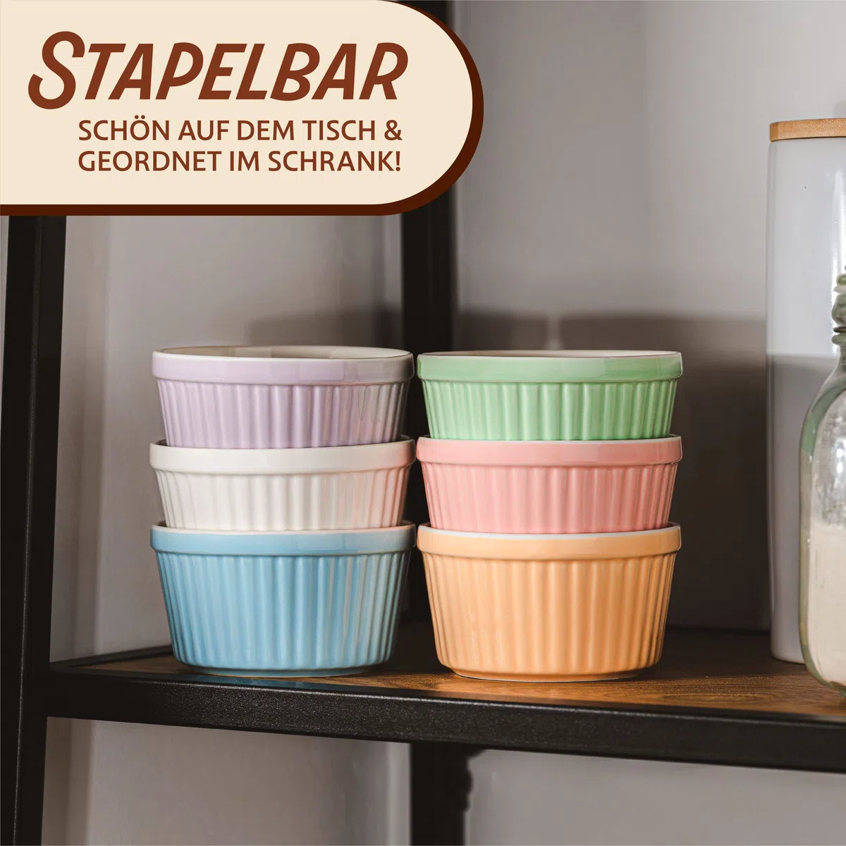 Praknu 6 Souffle Förmchen aus Keramik - Backofenfest - 200 ml - 9 cm - Stapelbar - Mit Antihaftbeschichtung