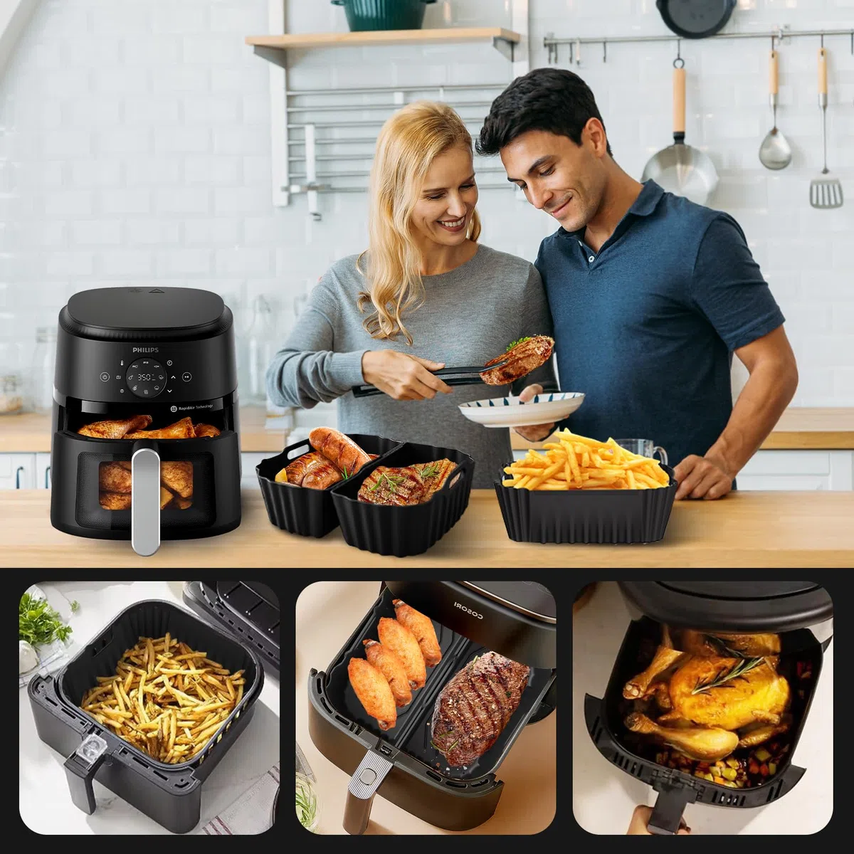 3 Stück Airfryer Silikonform Heißluftfritteuse, Airfryer Zubehör für Cosori, Philips, Tefal, Ninja, Russell Hobbs, Heissluftfritteuse Zubehör Wiederverwendbar anstelle Backpapier