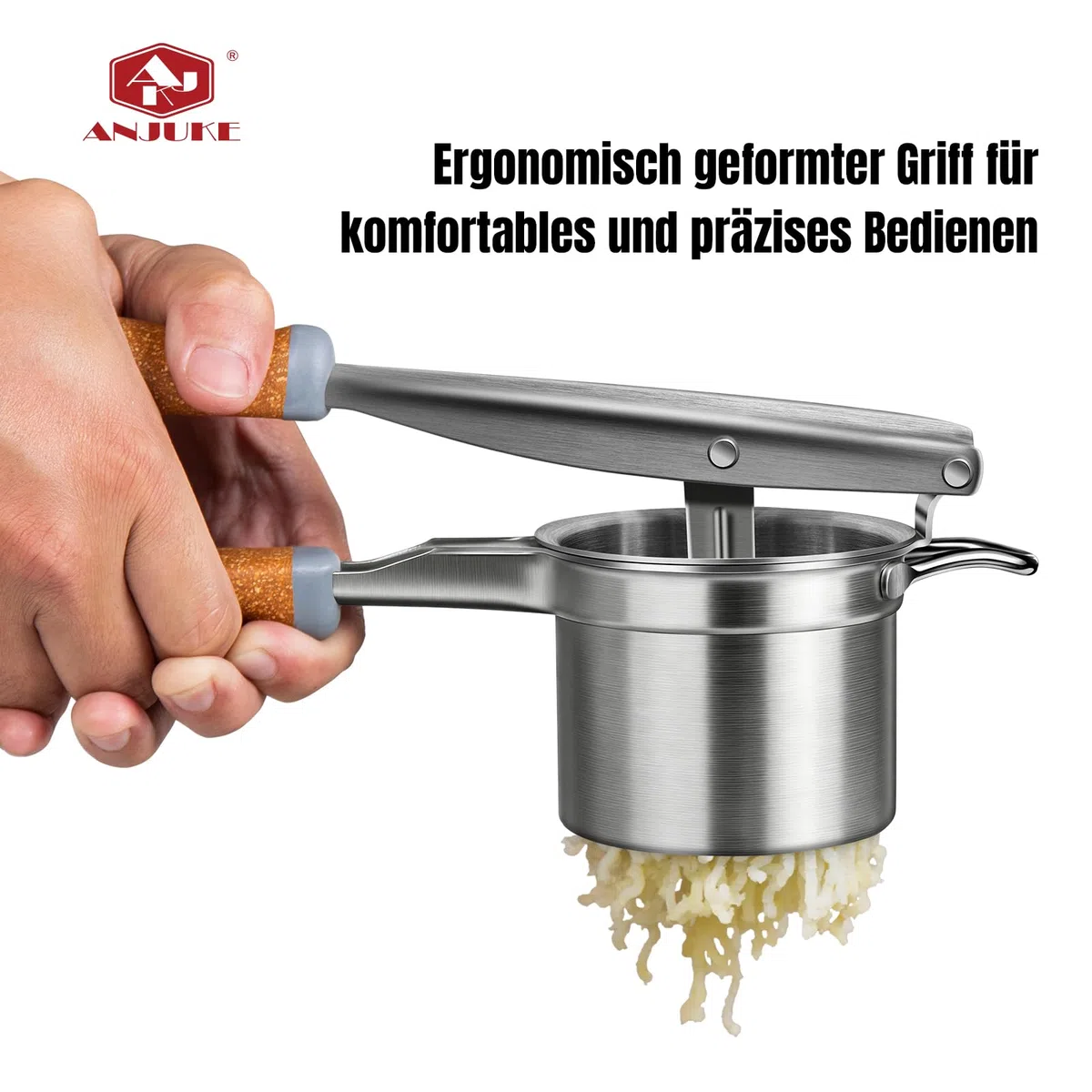 Kartoffelpresse Edelstahl mit fester Scheibe, Robuster Kartoffelstampfer mit Holz-Kunststoff-Griff, Inkl. Keramikschaber, Silikonspatel & Reinigungsbürste für Kartoffelpüree