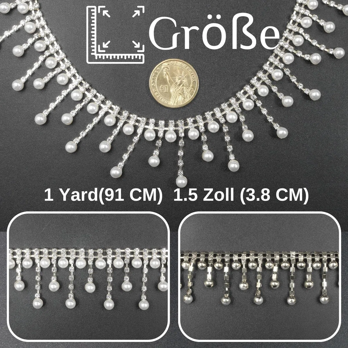 PEARLY JUN 91Cm Die Perlen Kristall-Strass-Kette Zum Nähen von Strassband Zum Aufnähen Nähen Leder Schuhe Strasssteine Tassel Chain DIY Blumenstrauß Dekoration Kleidung Hochzeit Kopfbedeckung