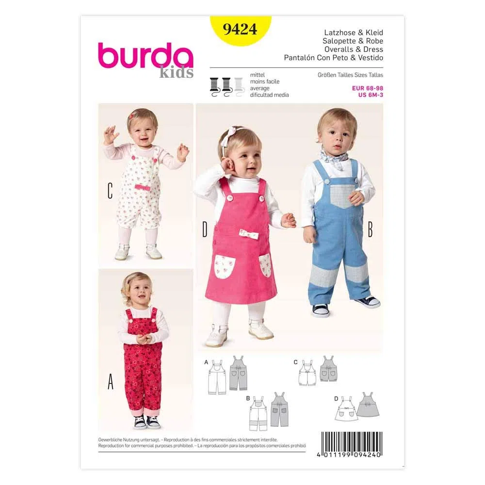 burda kids Papier-Schnittmuster Baby Latzhose und Latzrock #9424 Gr. 68-98