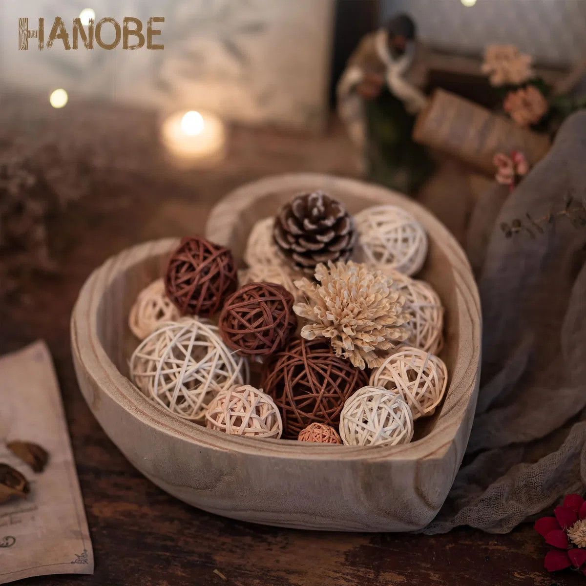 Hanobe Dekoschale Holzschale Deko Schale: Herz Schlüssel Schale Schlüsselschale Holz Tischdeko Herzform Groß Vintage Dekoschalen Gross Holzschalen Herbst Tisch Dekoration, 24cm