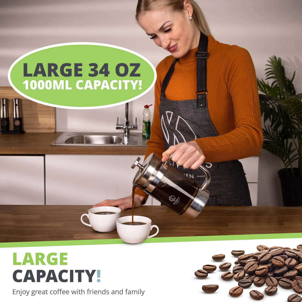 Oliver's Kitchen® French Press 1 liter - Eleganter Kaffeebereiter aus Glas - Kaffee Maschine für authentischen Kaffeegenuss - Hitzebeständig und praktisch