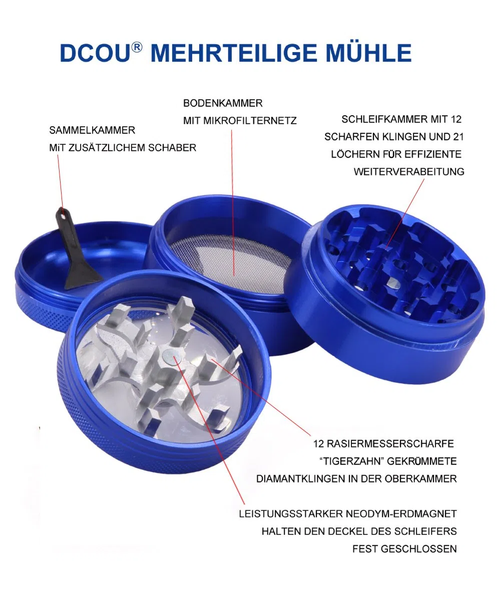 DCOU Handkurbel Premium Mühle unzerbrechlich CNC Aluminium Metall Mahler Schleifer 4 Teile Ø55mm
