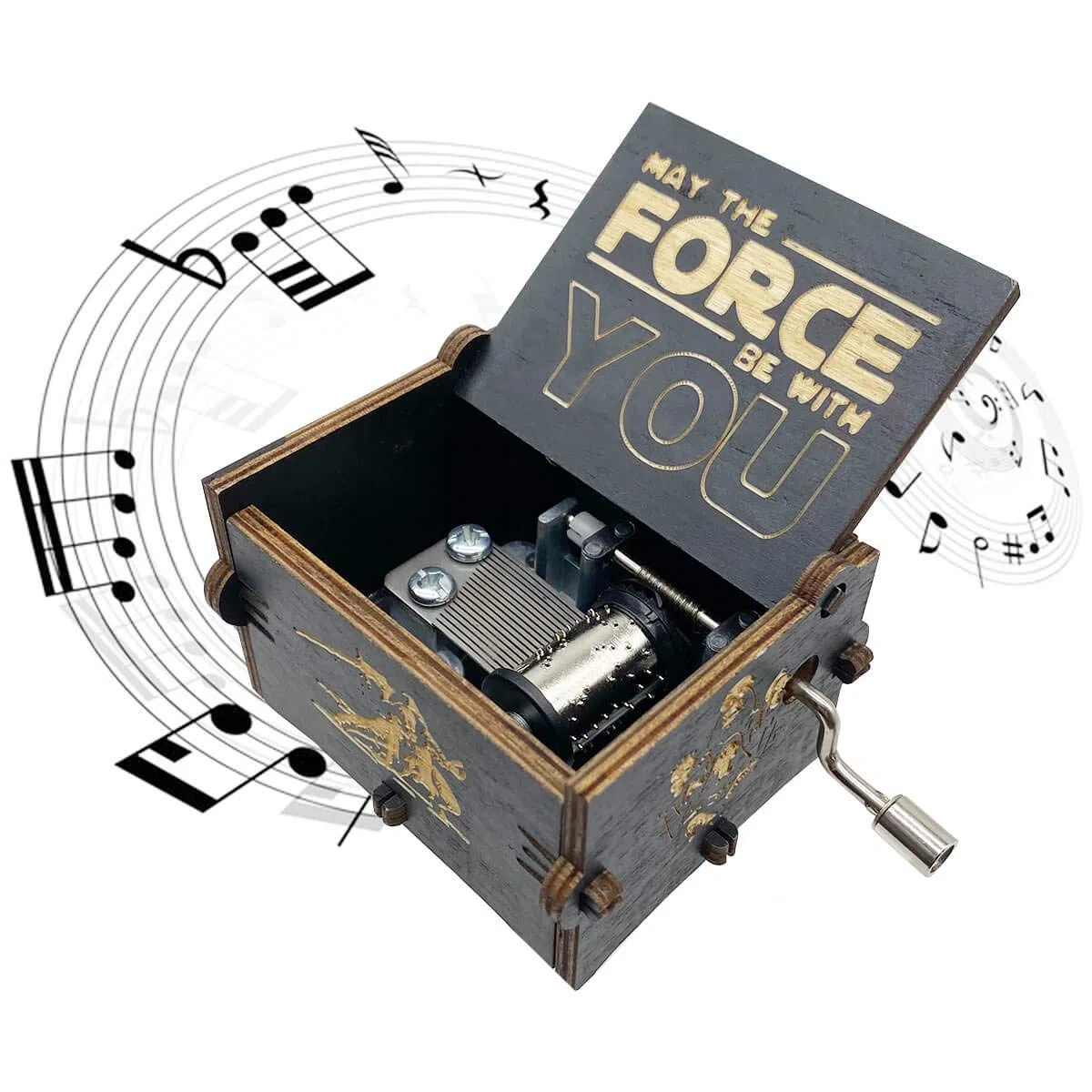 MAD DI Star Wars Spieluhr, Holz-Handkurbel, einzigartige Musikboxen, Thema, Starwars, Mini-Antik-Vintage-Bastelarbeiten, Lasergravur, Valentinstag, Geburtstagsgeschenke (schwarz)