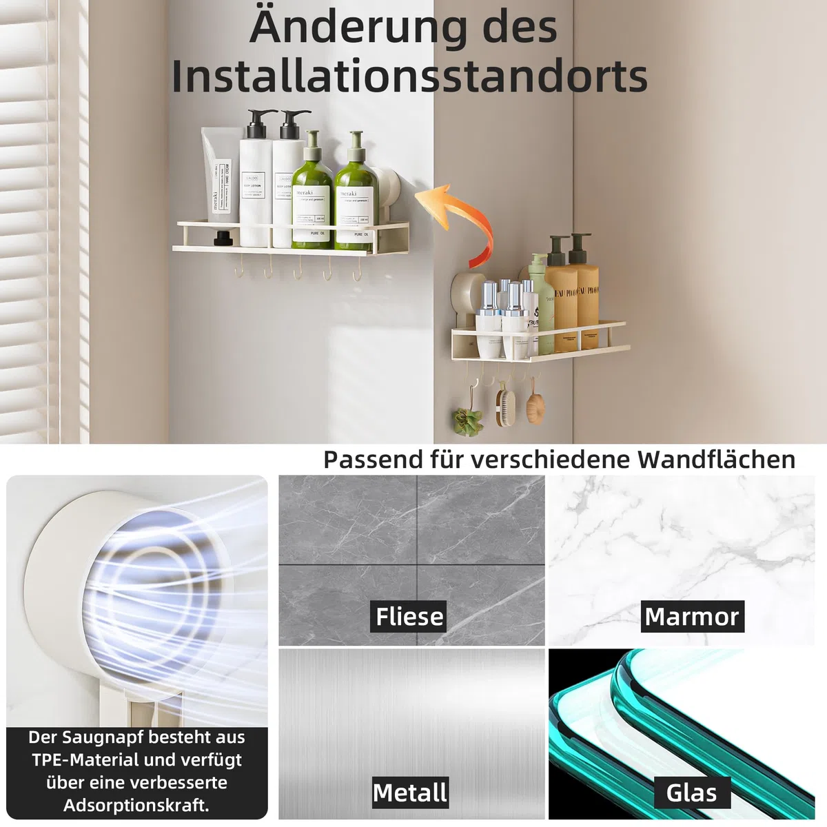 Wisfame Saugnapf Ohne Bohren Duschablage,10kg Tragfähigkeit Badregal für Shampoo Conditioner,Abnehmbare und Rostfreie Badezimmer Organizer mit Großer Kapazität,weiß