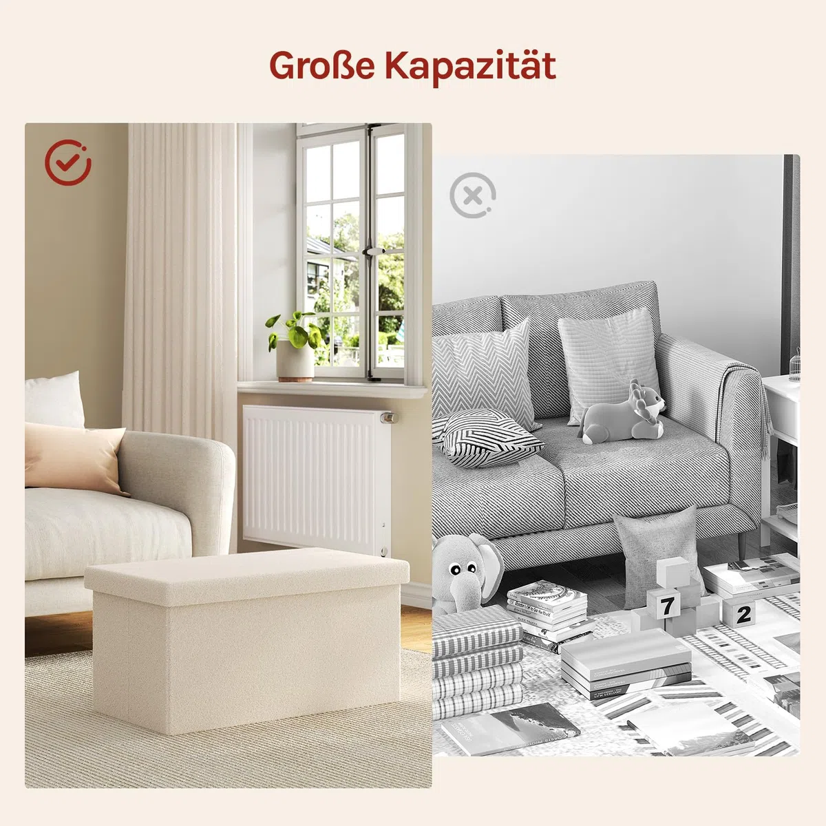 WOLTU Sitzhocker mit Stauraum, für Wohnzimmer Schlafzimmer Flur, klappbare Sitztruhe mit Deckel, aus Teddyfleece und MDF, 80 L, 76 x 37 x 38 cm, Beige