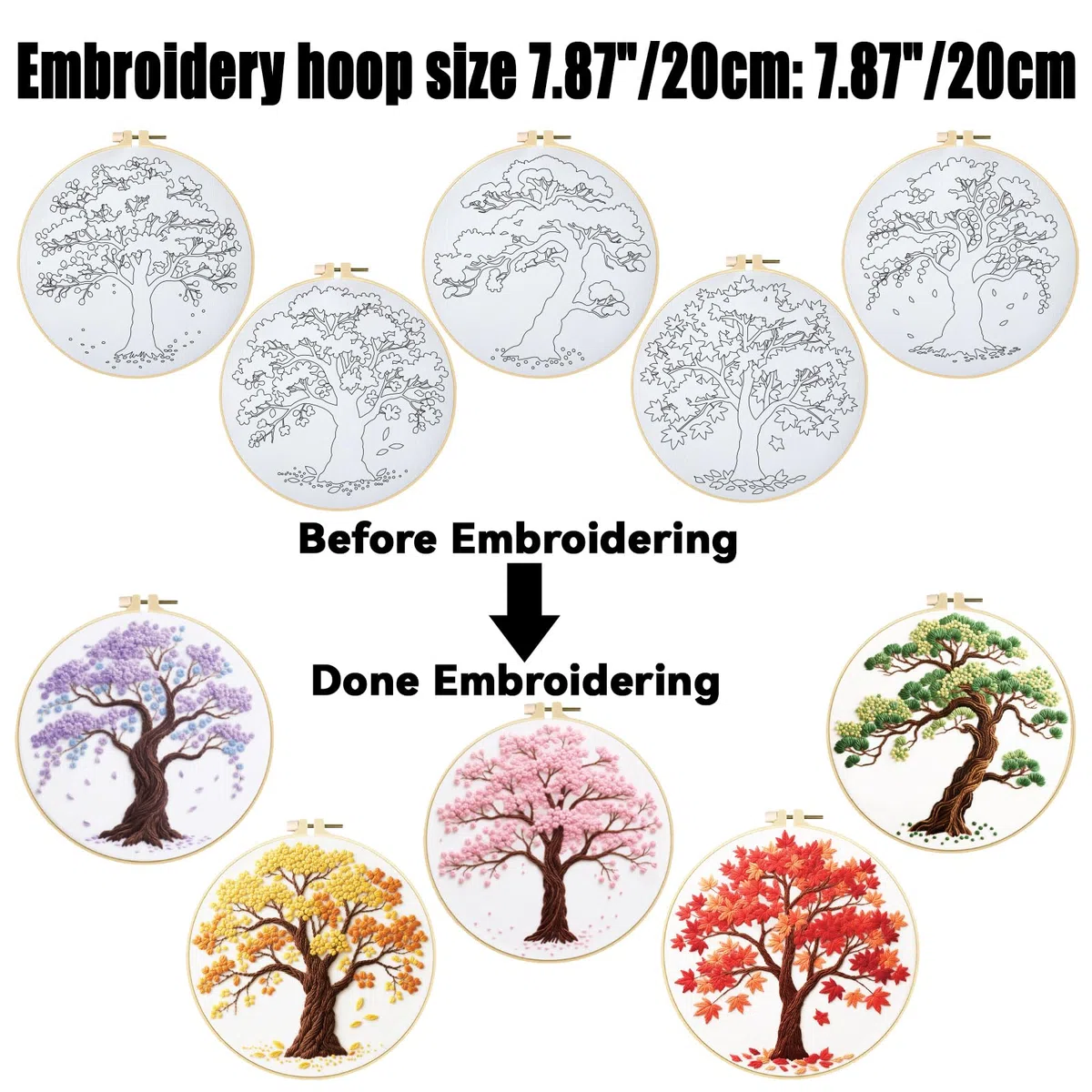 ORIGACH 5-teiliges Stick-Set für Anfänger mit saisonalen Baummotiven, Stick-Starter-Set mit aufgedruckten Motiven, inklusive Stoff, Stickrahmen, Garn und Nadeln