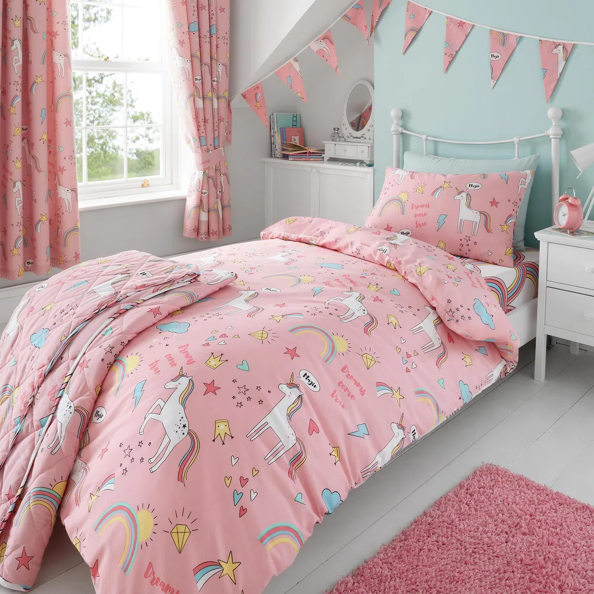 Mädchen Bettwäsche-Set - Einhörner & Regenbögen - wendbar - Rosa - Doppelbett