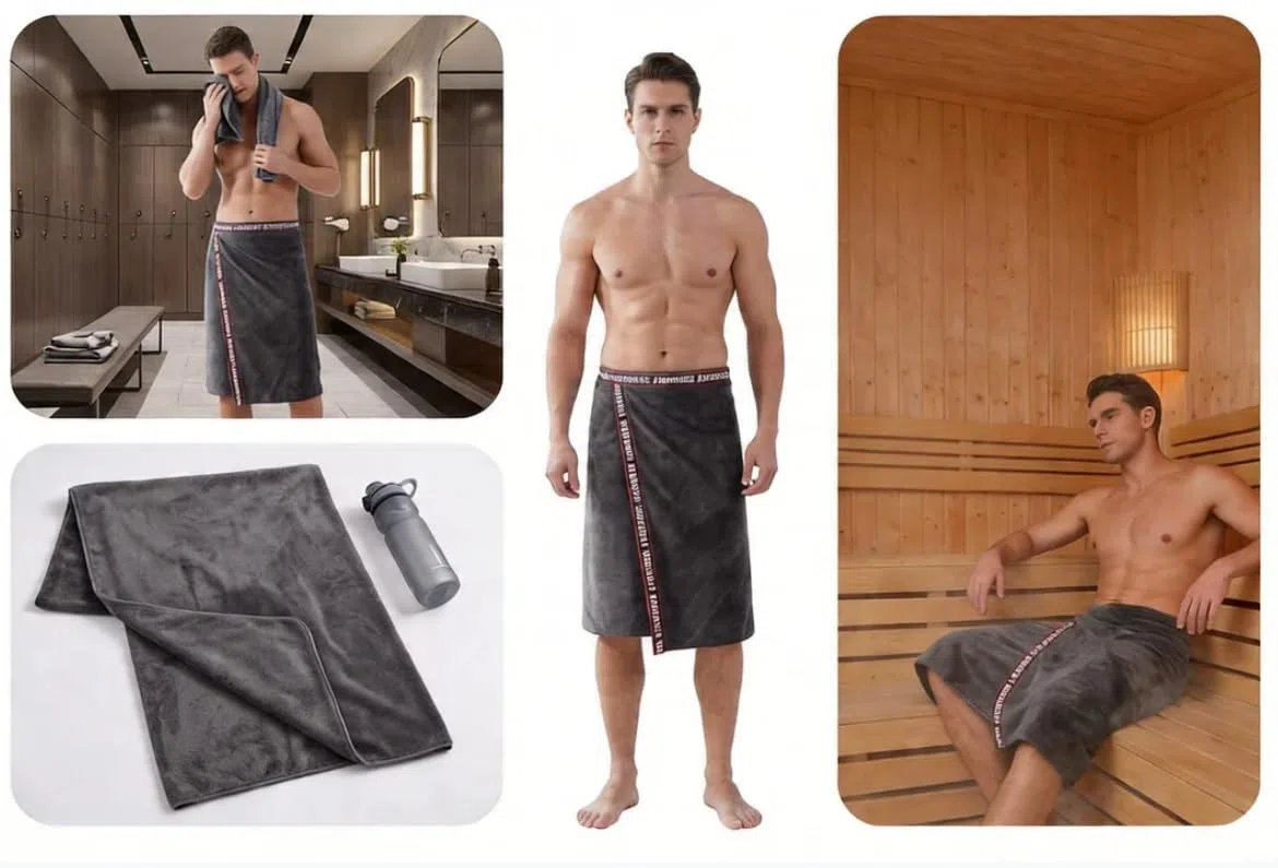 JIAHG Herren Saunakilt Frottee Verstellbar mit Druckknöpfen und Gummizug Saunahandtuch Saugfähig Schnelltrocknend Sauna Handtücher für Wellness Spa und Sauna, 70 x 140 cm