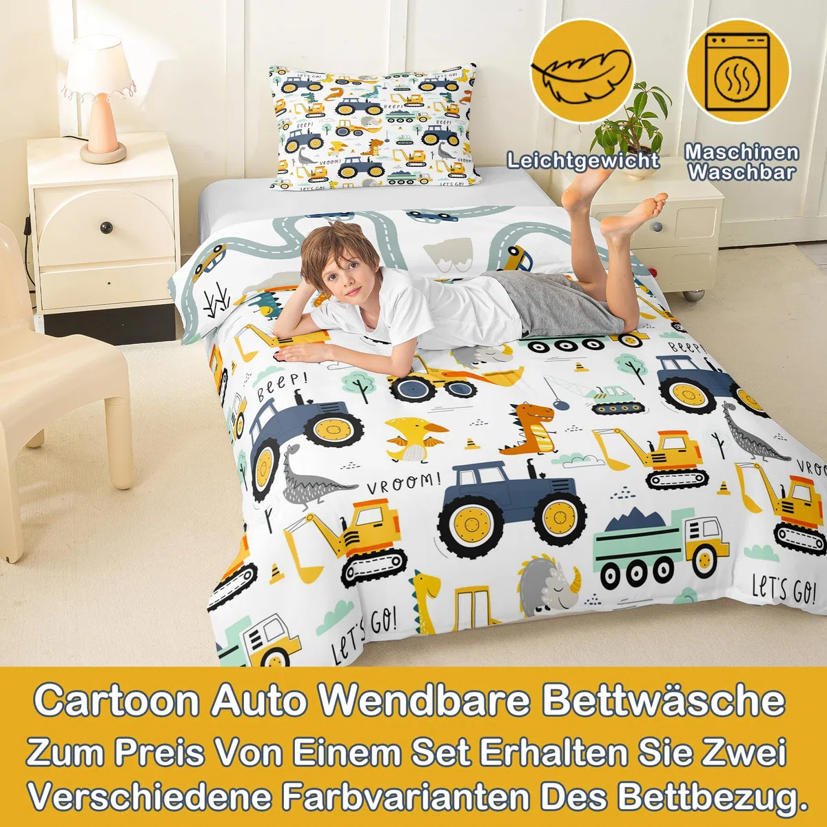Jungen Cartoon Auto Bettwäsche Set 135x200,Kinder Bau Fahrzeuge Tröster Abdeckung für Kind Kleinkind Teens,Dinosaurier Bettbezug,Traktor Maschinerie Bagger Bettdecke Abdeckung,Lkw Autos Bettwäsche