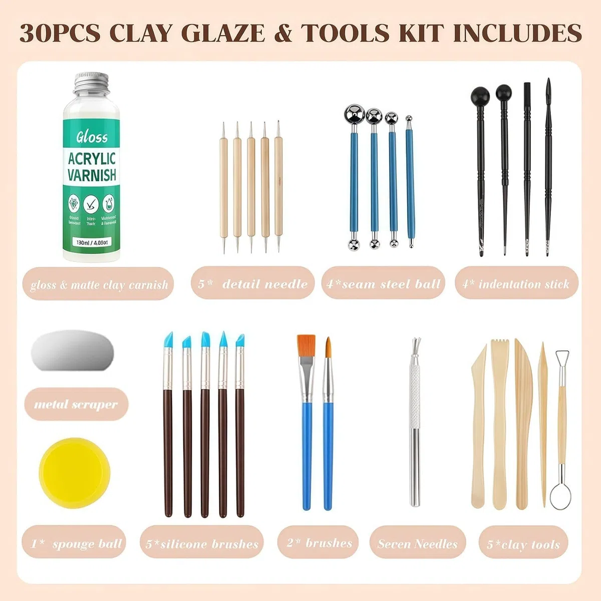120ml Air Dry Clay Glaze - 30Pcs Tonglasur mit lufttrocknendem Ton Werkzeug Set, Modellierwerkzeug Werkzeug mit Aufbewahrungstasche, Perfektes Töpfer Zubehör für Künstler und Anfänger