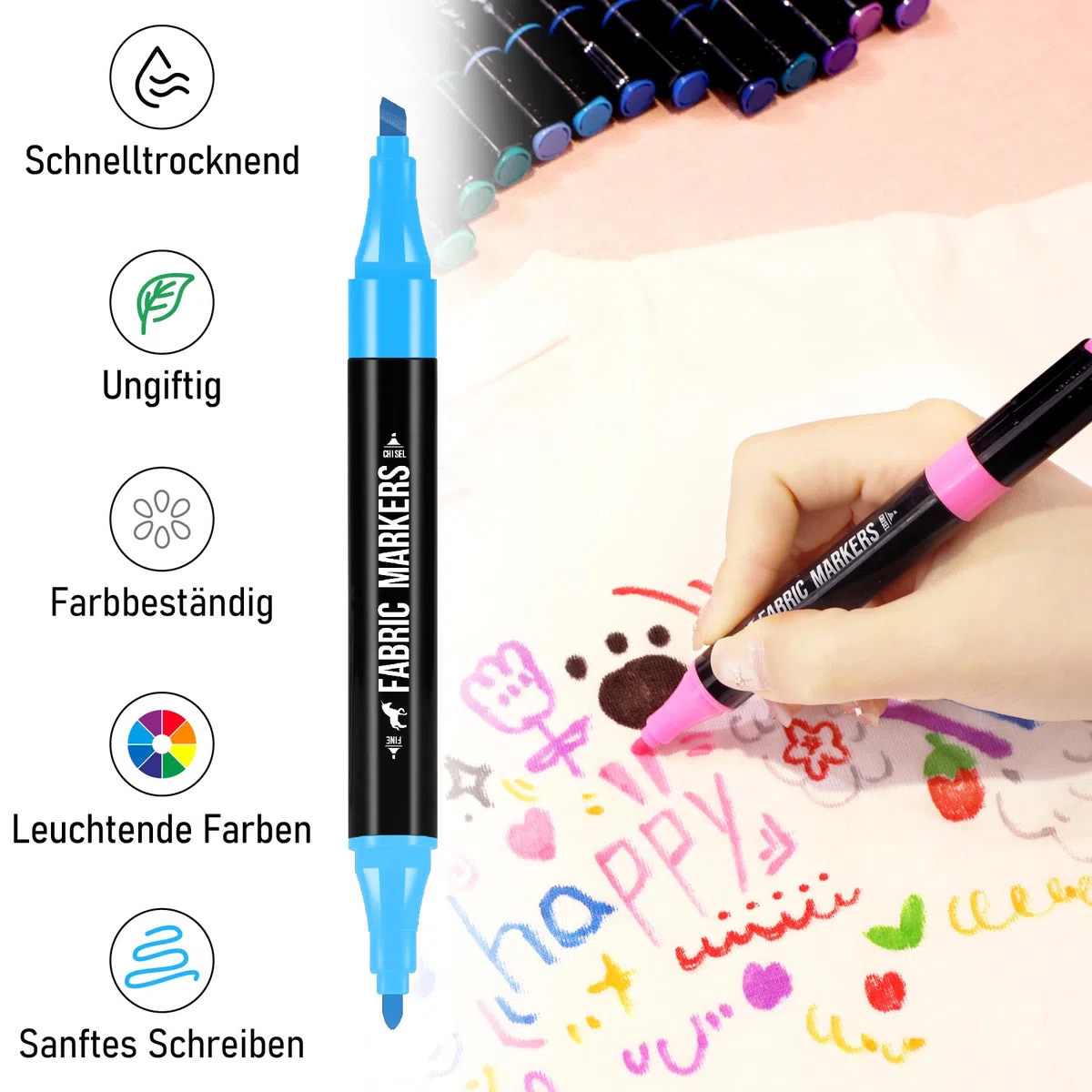 Pamaker 40 Textilstifte Dual Tip – Waschmaschinenfest und Permanent für T-Shirts, Stofftaschen, Schuhe und mehr – Ungiftig, ideal für Kinder und Erwachsene