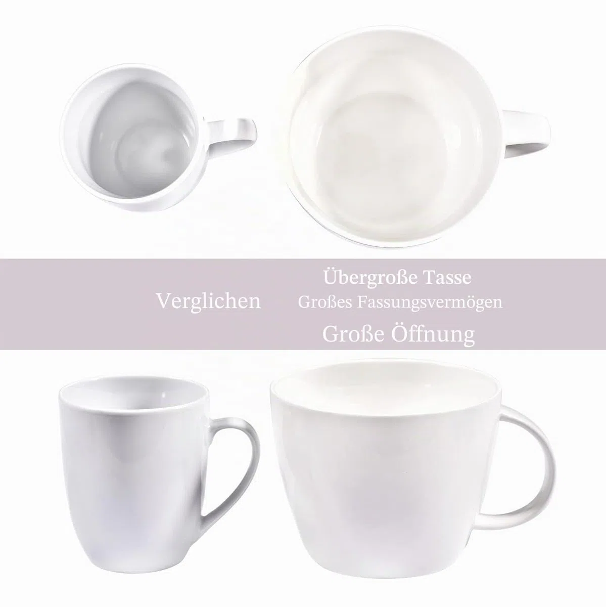 850 ml große Kaffeetasse, Keramik Jumbo Suppenschüssel mit Henkel, Müslischassen, klassische Trinkbecher, für Latte, Cappuccino, Kakao, Milch, Tee und Glühgetränke, weiß