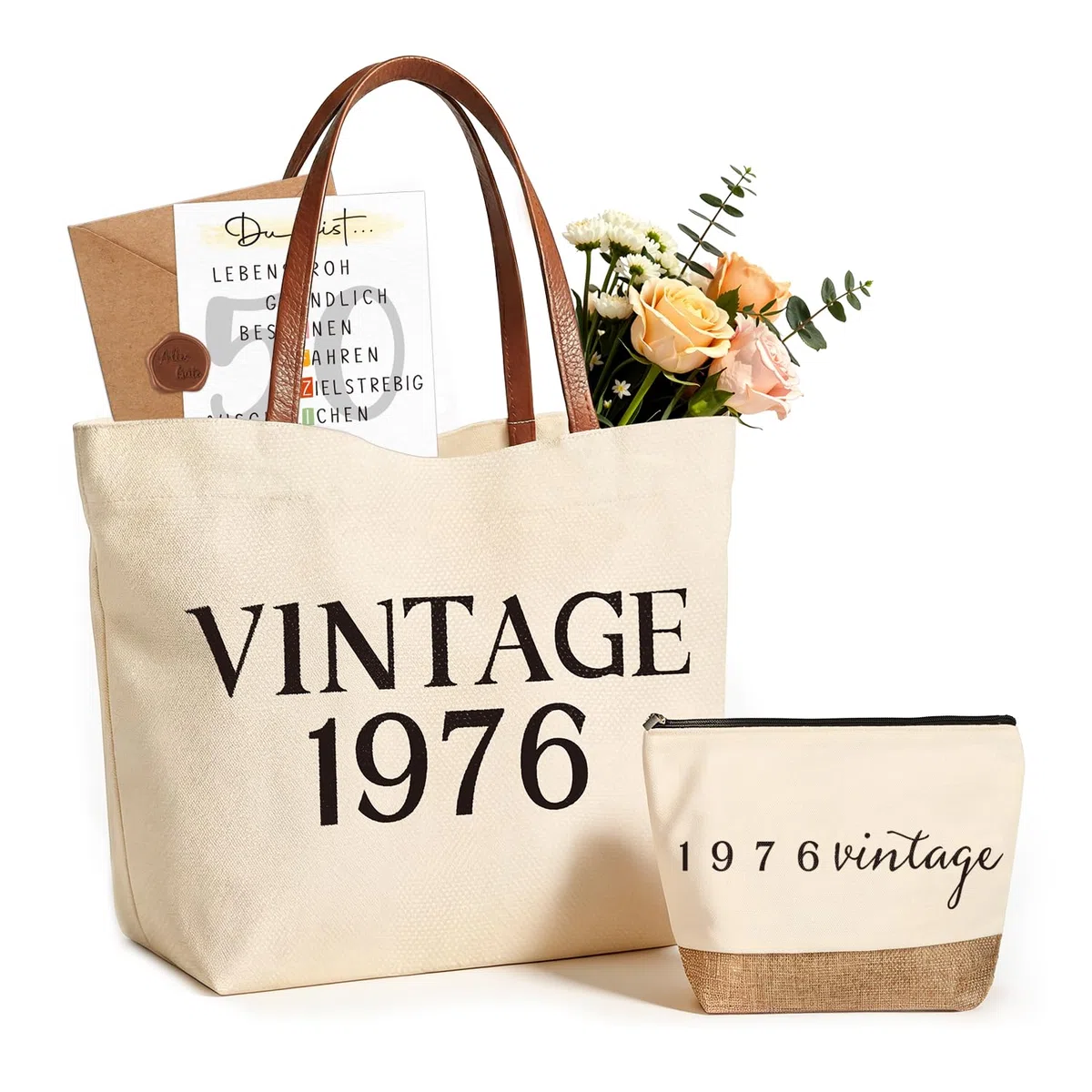 Giftota Geschenk Frau 50 Geburtstag, Vintage 1976 Geschenkset für Frauen, Große Canvas Tasche mit Ledergriffen & Kosmetiktasche, Back in 1976 Geburtstagsgeschenk