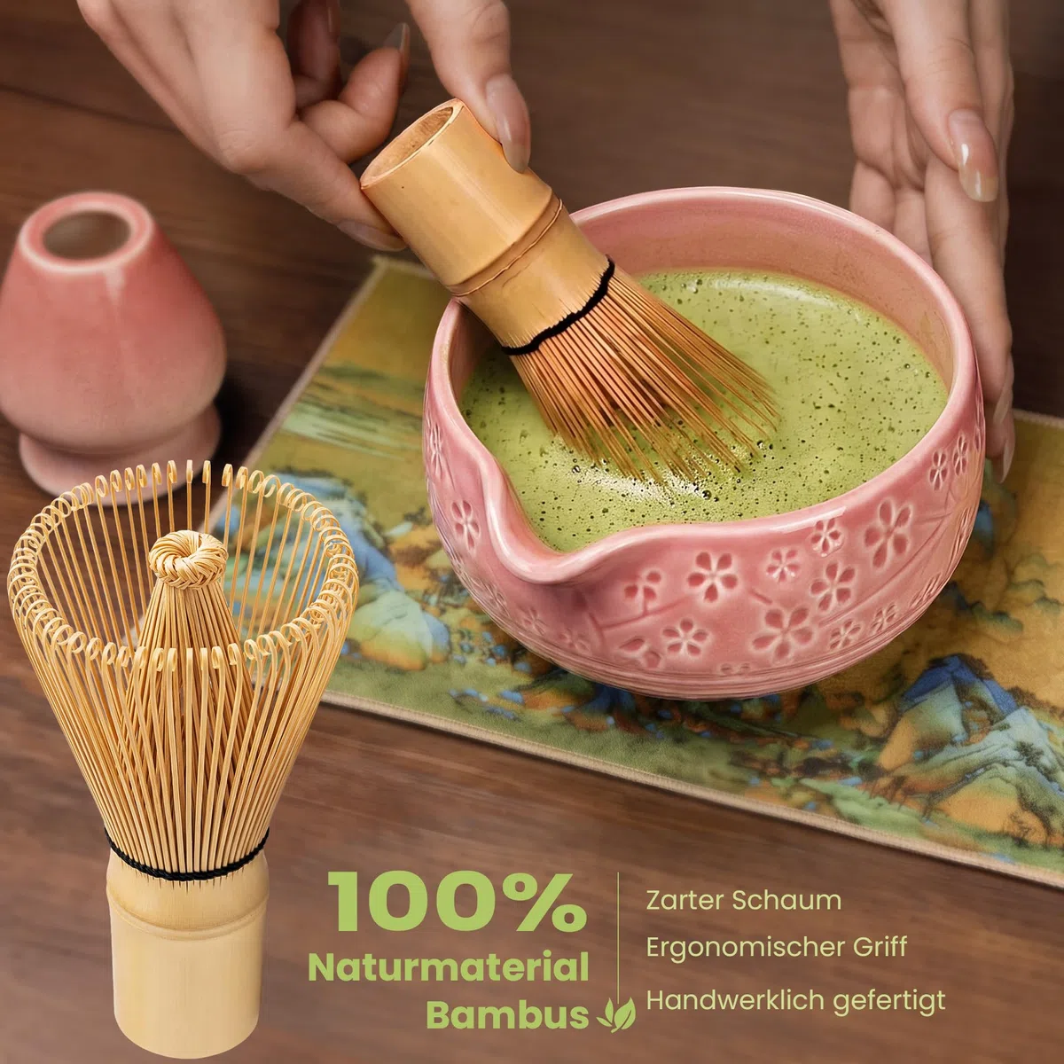 Matcha Set Rosa, 7 Teiliges Matcha Besen Set, Bambusbesen und Besenhalter, Keramik Matcha Schale, Sieb, Löffel und Halter zubehör, Japanisches Teezeremonie Set für Starter - Farbverlauf Pink