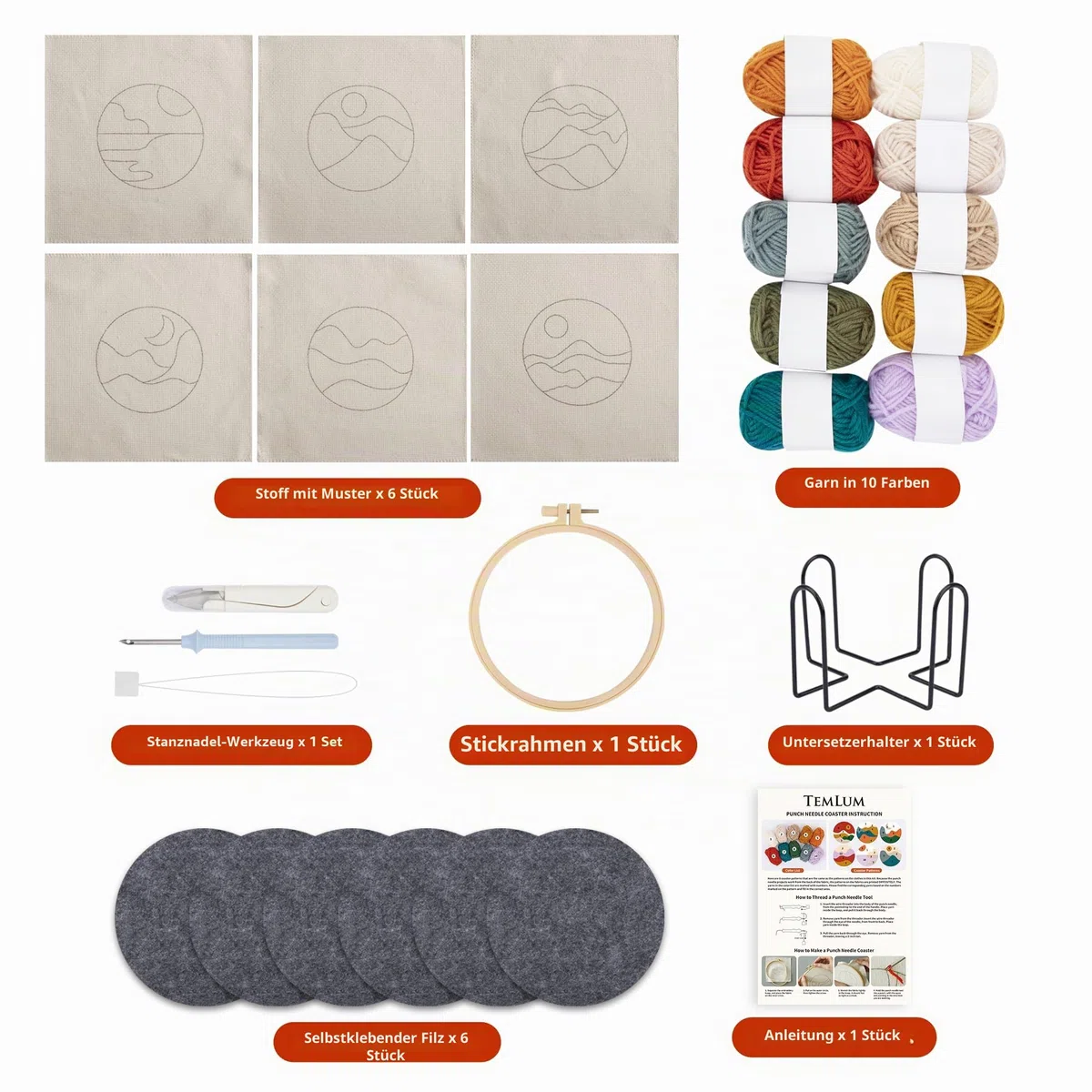 Temlum 6er Set Punch Needle Untersetzer Kit, Punch Needle DIY Set für Anfänger & Erwachsene - Inklusive Stanznadeltuch, Garne, Stickrahmen, Anleitung & Halter