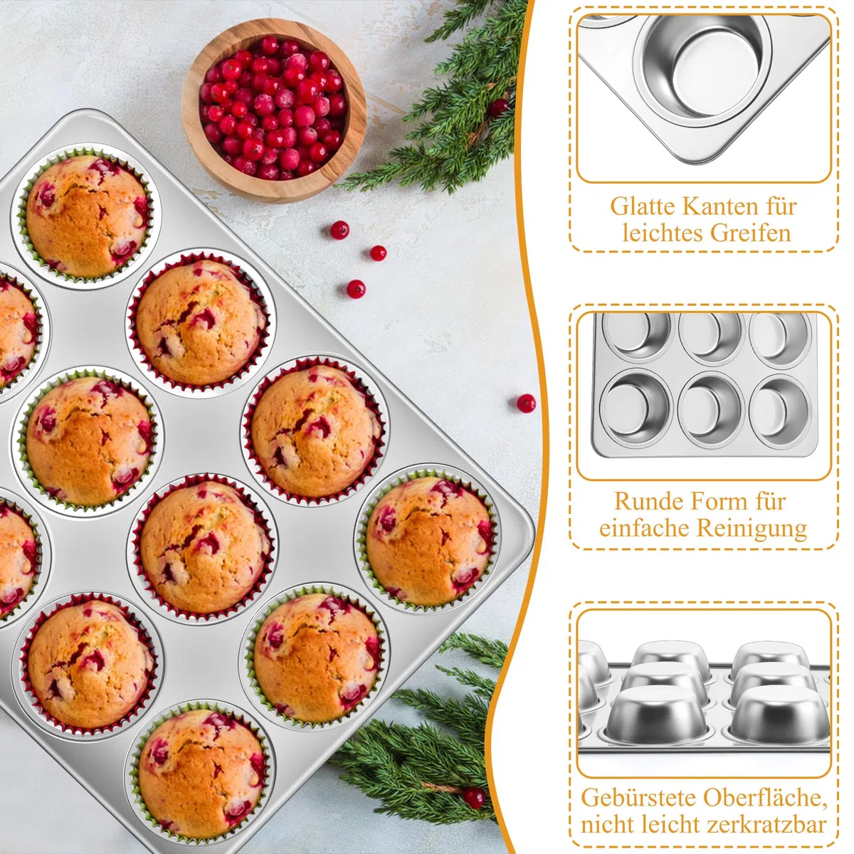 Herogo Muffinform, 12 Muffins Edelstahl Muffinblech, Metall Muffin Backform für Cupcake, Yorkshire Pie, Pudding, Muffin Kuchenform für Leicht zu reinigen, spülmaschinenfest, Ungiftig, Silber