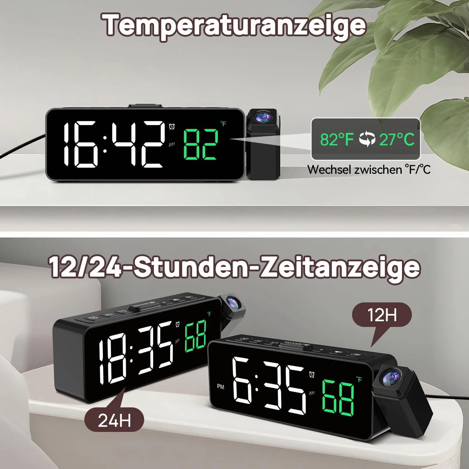 Netzu Projektionswecker für Decke Wände, Digitaler Wecker mit 180° Projektor, Temperaturanzeige, LED-Anzeige, 4 Helligkeit, 3 Lautstärke, 9-Min-Schlummer, 12/24H, Wecker mit Projektion