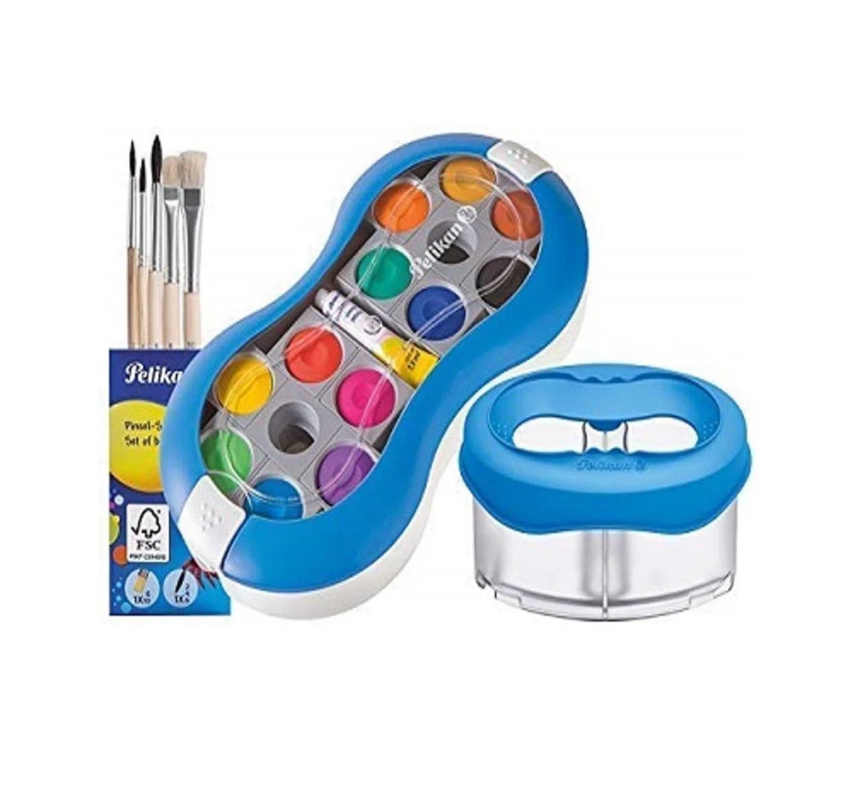 Pelikan , Aquarell, Deckfarbkasten 735 SP/12 mit 12 Farben und 1 Tube Deckweiß/Starter (blau mit Space-Wasserbecher + Pinsel-Set), 7-teilig