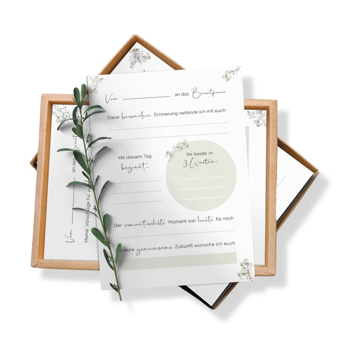 50 Gästebuch Karten für die Hochzeit mit Box | 5 verschiedene Designs | DIN A6 Postkartengröße | für alle Paare | Greenery & Eukalyptus Look