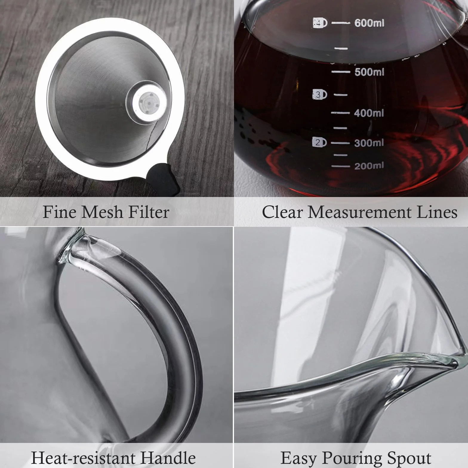 Pour Over Kaffeebereiter, 600ml Glas Kaffeekanne mit Filter und Hitzebeständigem Griff, Pour Over Coffee Maker Handbrüh Kaffeebereiter für bis zu 4 Tassen für Baristas Hause und Café