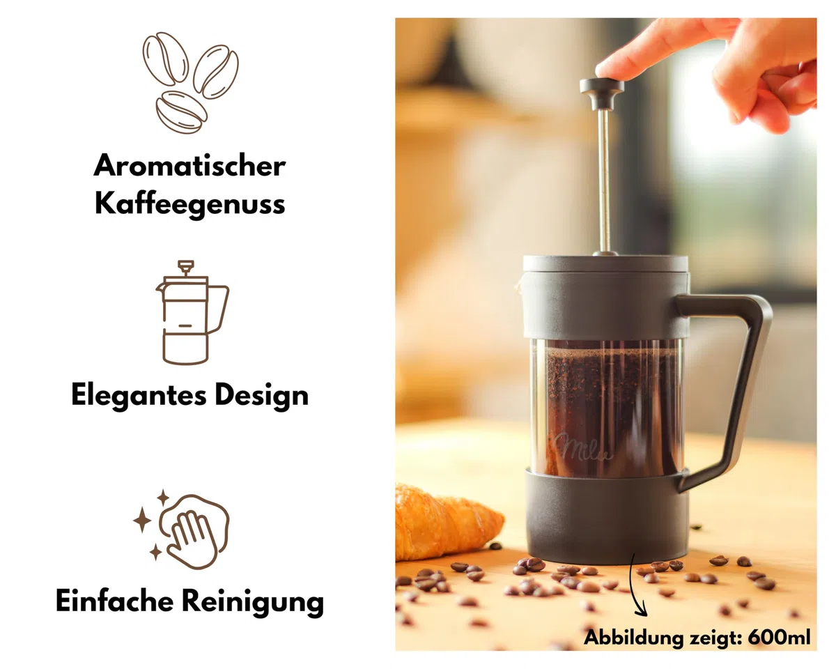 Milu French Press Kaffeebereiter | 350ml, 600ml, 1L | Glas Kaffeepresse, Kaffeezubereiter für Zuhause Reisen Camping inkl. Untersetzer, Löffel, Ersatzfilter (Schwarz, 1000ml (5 Tassen)