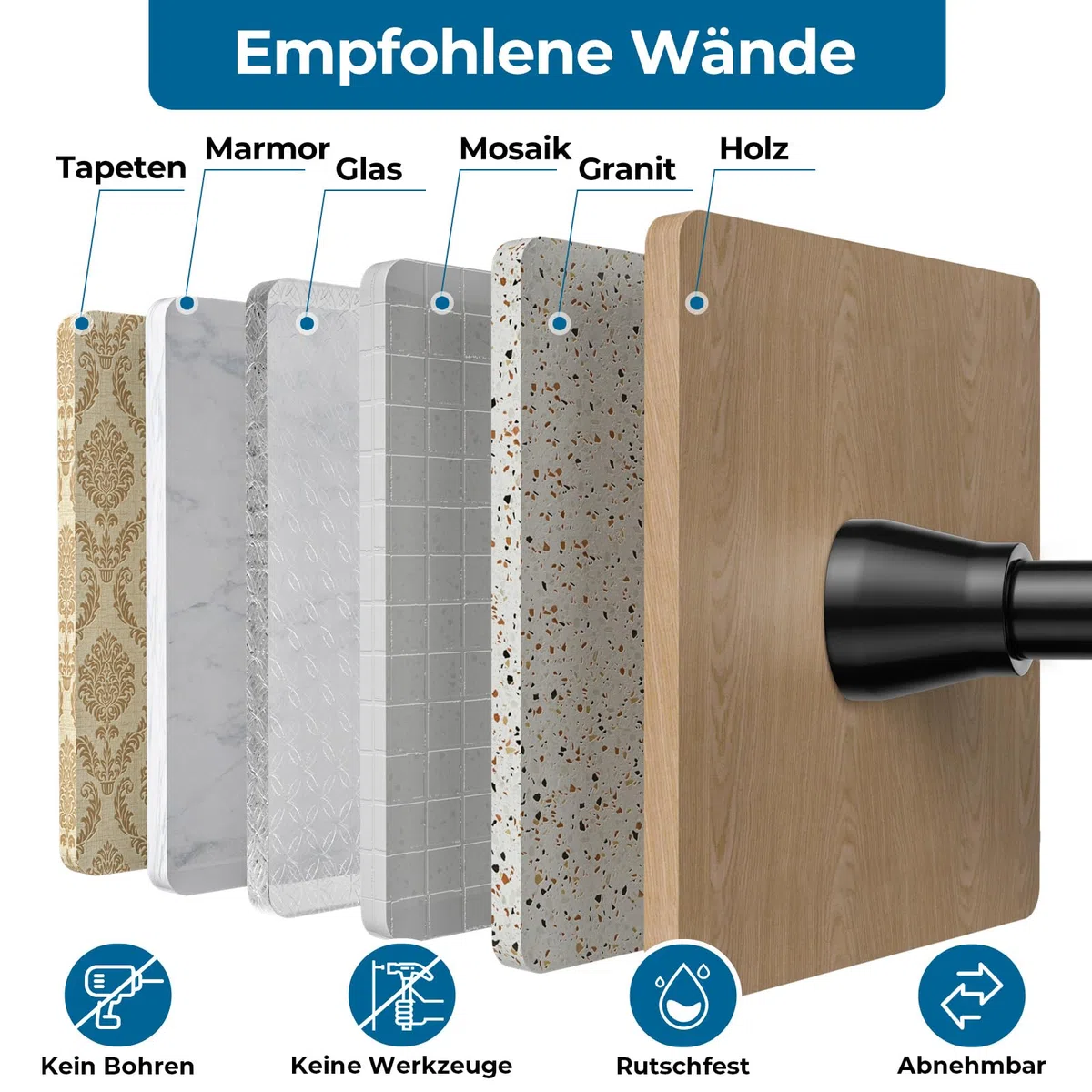 AIZESI 2 Stück Gardinenstange ohne Bohren 75-163cm, verstellbare Duschvorhangstange Ø 22mm, rutschfeste Teleskopstange für Fenster, Badezimmer & Kleiderschrank (Schwarz)