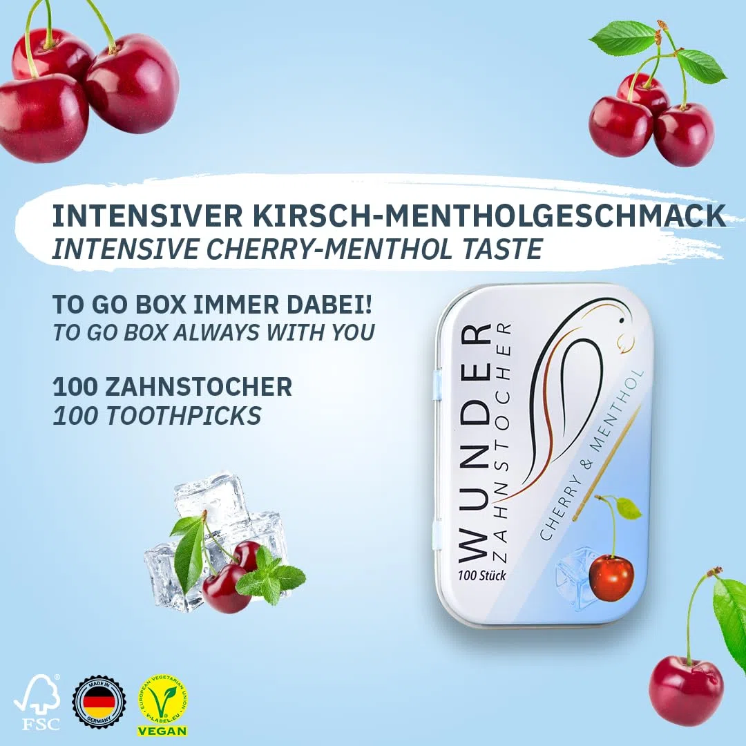 Zahnstocher mit Geschmack - Kirsche/Menthol | 200 Stück in Metallbox - intensiver Geschmack - frischer Atem - gegen Nägelkauen & Mundgeruch - zuckerfrei