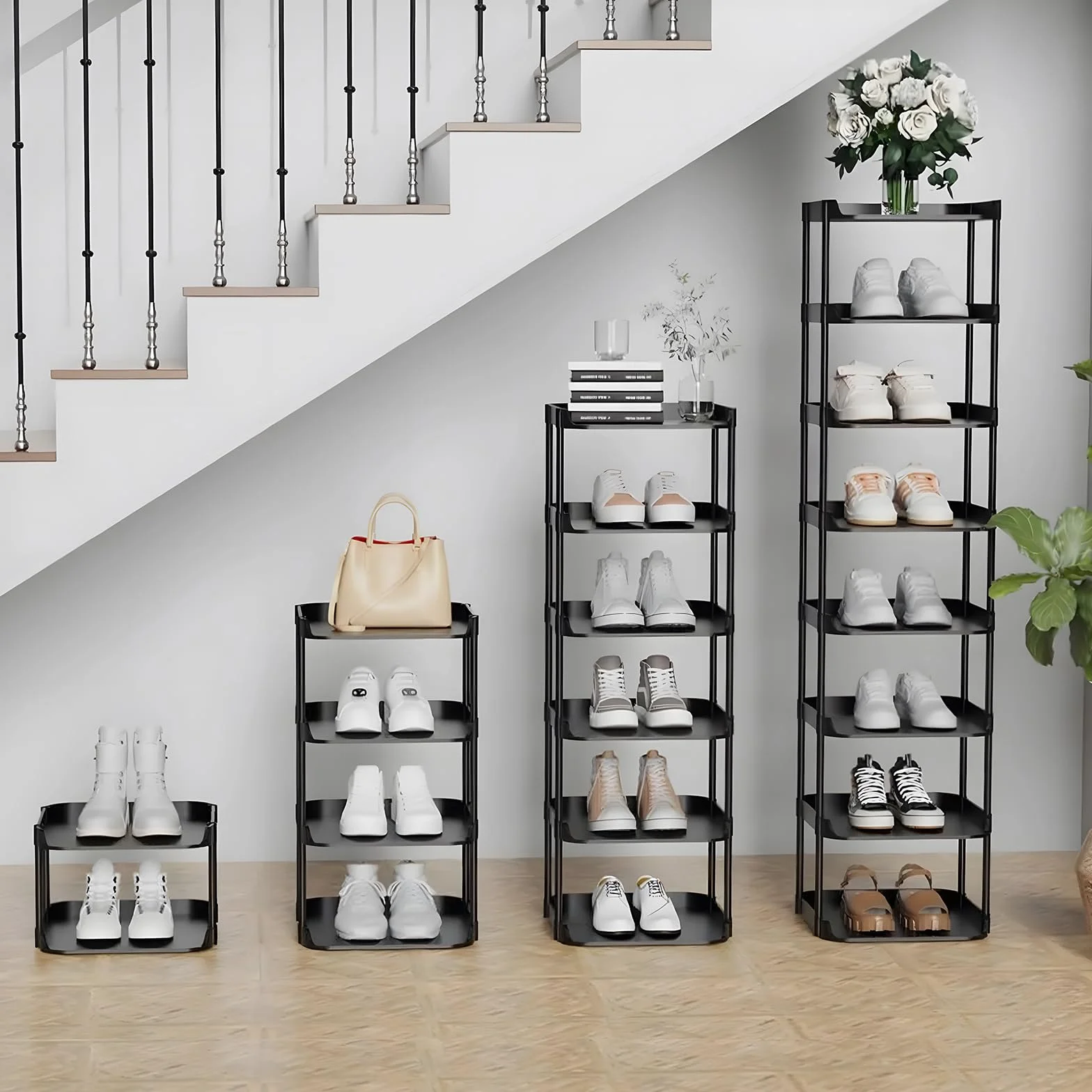 6 Ebenen Schmal Schuhregal, Mehrschichtiges Hoch Schuhregale Platzsparend, Stapelbar Klein Standregal, Vertikales Plastik Regal, Shoe Rack für Treppe, Flur, Küche, Schlafzimmer, Schwarz