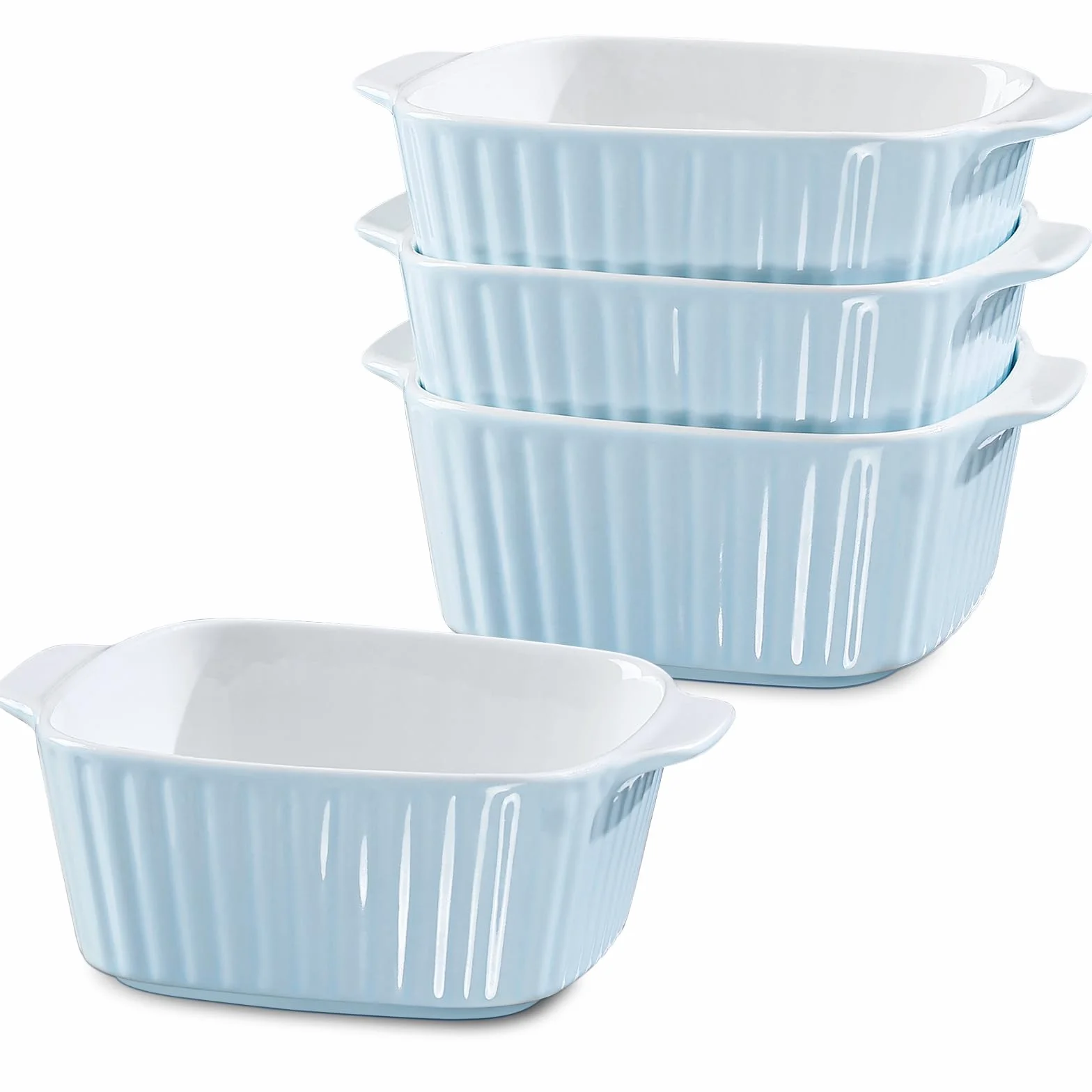 NUTRIUPS 13 Unzen Keramik-Auflaufformen-Set, 4er-Set, quadratische Auflaufformen, 400 ml kleine Auflaufform für den Luftfritteur, Keramik-Backgeschirr mit Griffen (Hellblau)