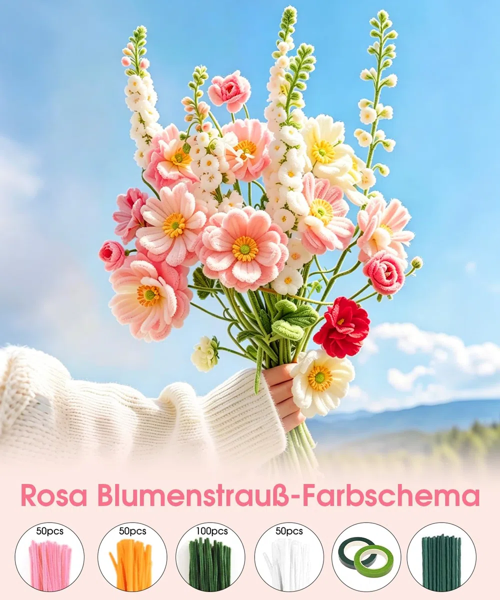 550 Stück Pfeifenreiniger Blumen Set, 9 Farben Pfeifenputzer zum Basteln mit Schleifenband, Klebeband, Staubblätter, Blumendraht, Blumenpapier, Anleitung & Video-Tutorial für Kreative DIY
