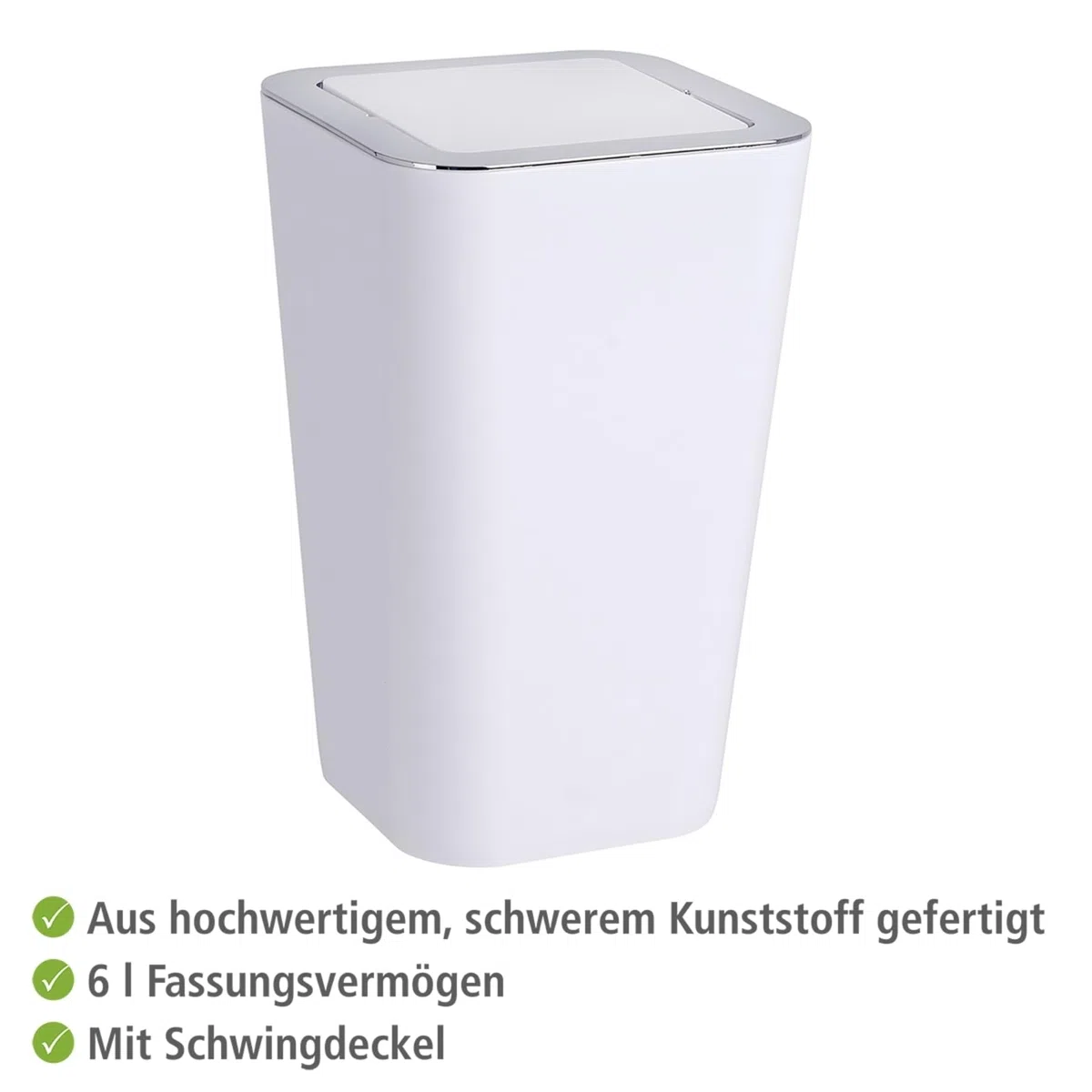 WENKO Kosmetikeimer Mod. Candy 6 lrt., Hygieneeimer, Badezimmer-Mülleimer mit Schwingdeckel ideal für Kosmetiktücher, Wattestäbchen & Co., Abfalleimer aus Kunststoff, BPA-frei, 17.5x 28 x 17.5, Weiß