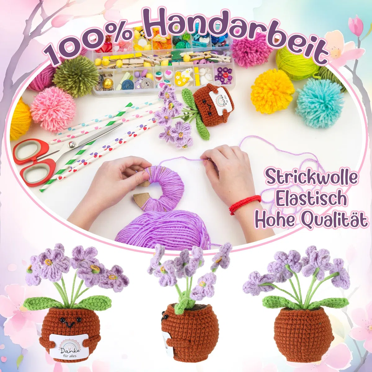 Namalu Dankeschön Geschenk 2er Set Häkel Blumentopf Puppen mit Karte „Danke für Alles“ - Mini Positive Gehäkelte Blumen Geschenk für Lehrer & Kollegen zum Abschied, Geburtstag & Abschluss