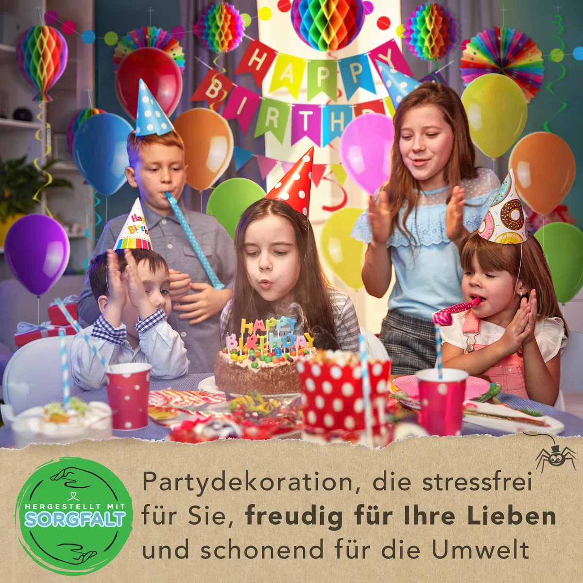 Premium Wiederverwendbare Geburtstagsdeko - Deko Geburtstag / Party Deko - Luftballons, Happy Birthday Girlande, Wimpelkette Geburtstag, Wabenbälle - Happy Birthday Deko (Regenbogen + Ballons)
