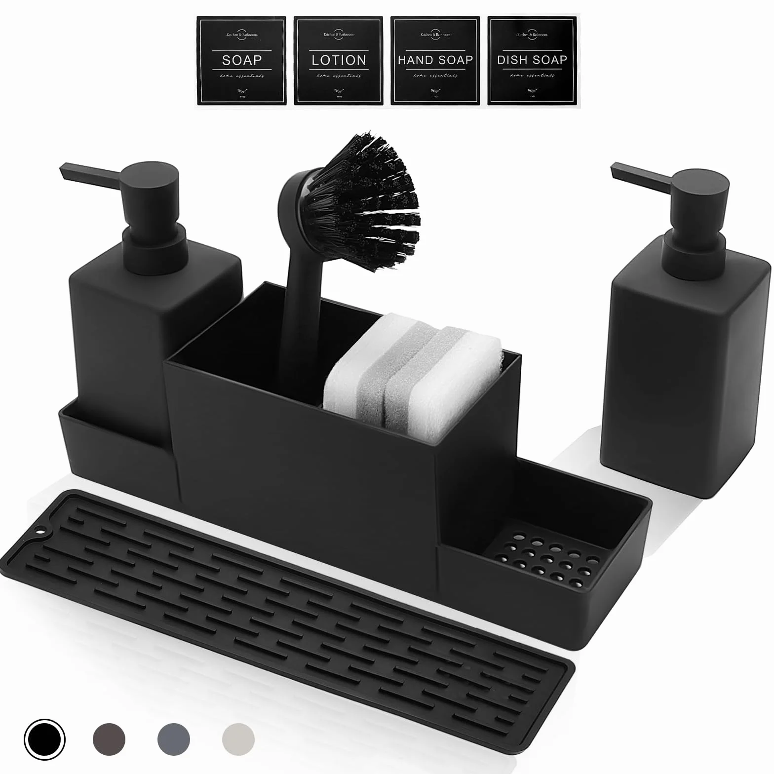 CAUTIOUS 350ML Seifenspender Schwarz Matt Spülbecken Organizer Spülmittelspender Küche Kunststoff Spülmittelspender mit Bürste und Spülschwamm Soap Dispenser Ausgestattet mit 3 Pumpenköpfen