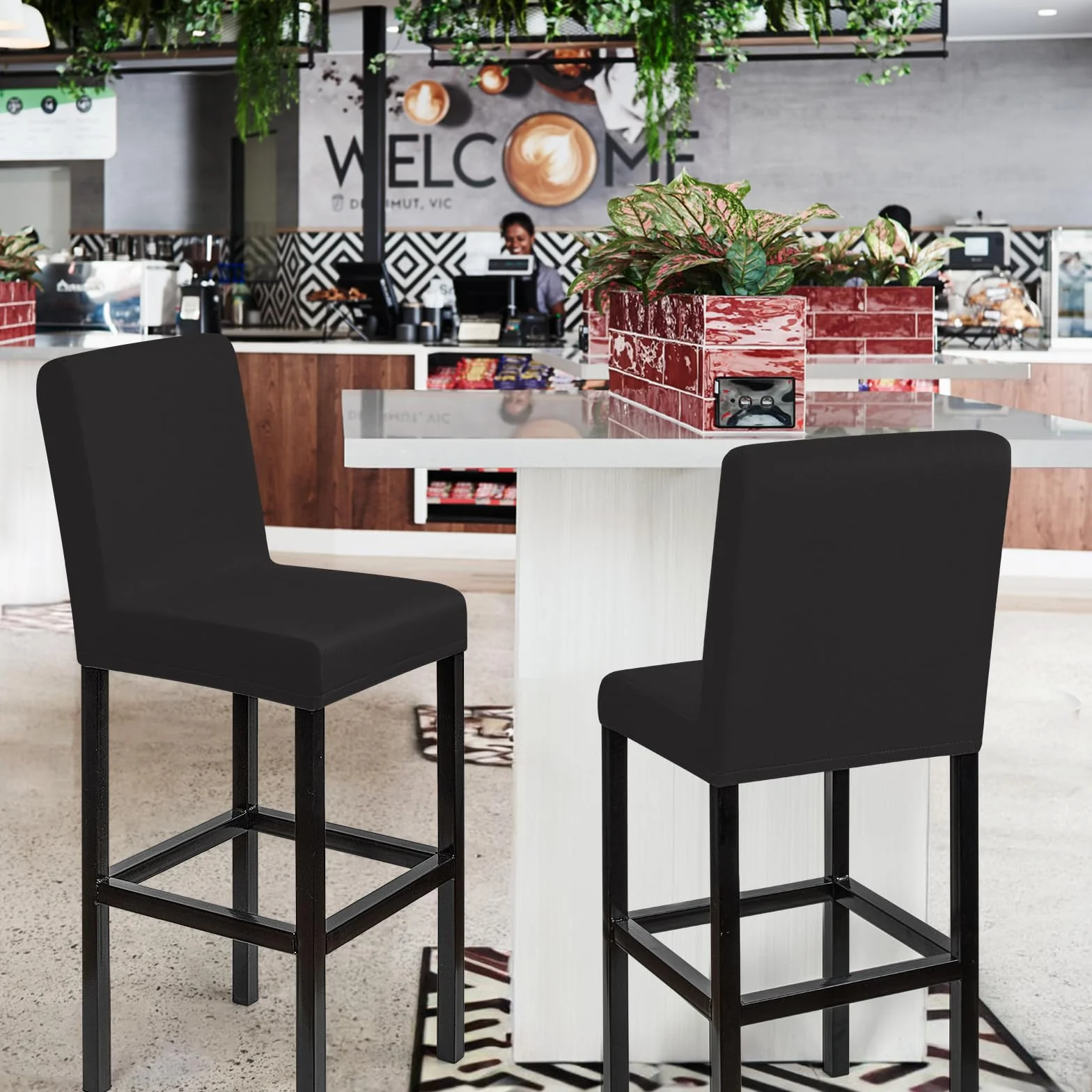 Barhocker-Schonbezüge, 2er Set Stylische Stuhlhussen Stretch-Stuhlbezug Einfache Reinigung Barhockerbezüge Universal Esszimmerstuhlbezüge für Bar & Esszimmer (Schwarz, 2er Set)